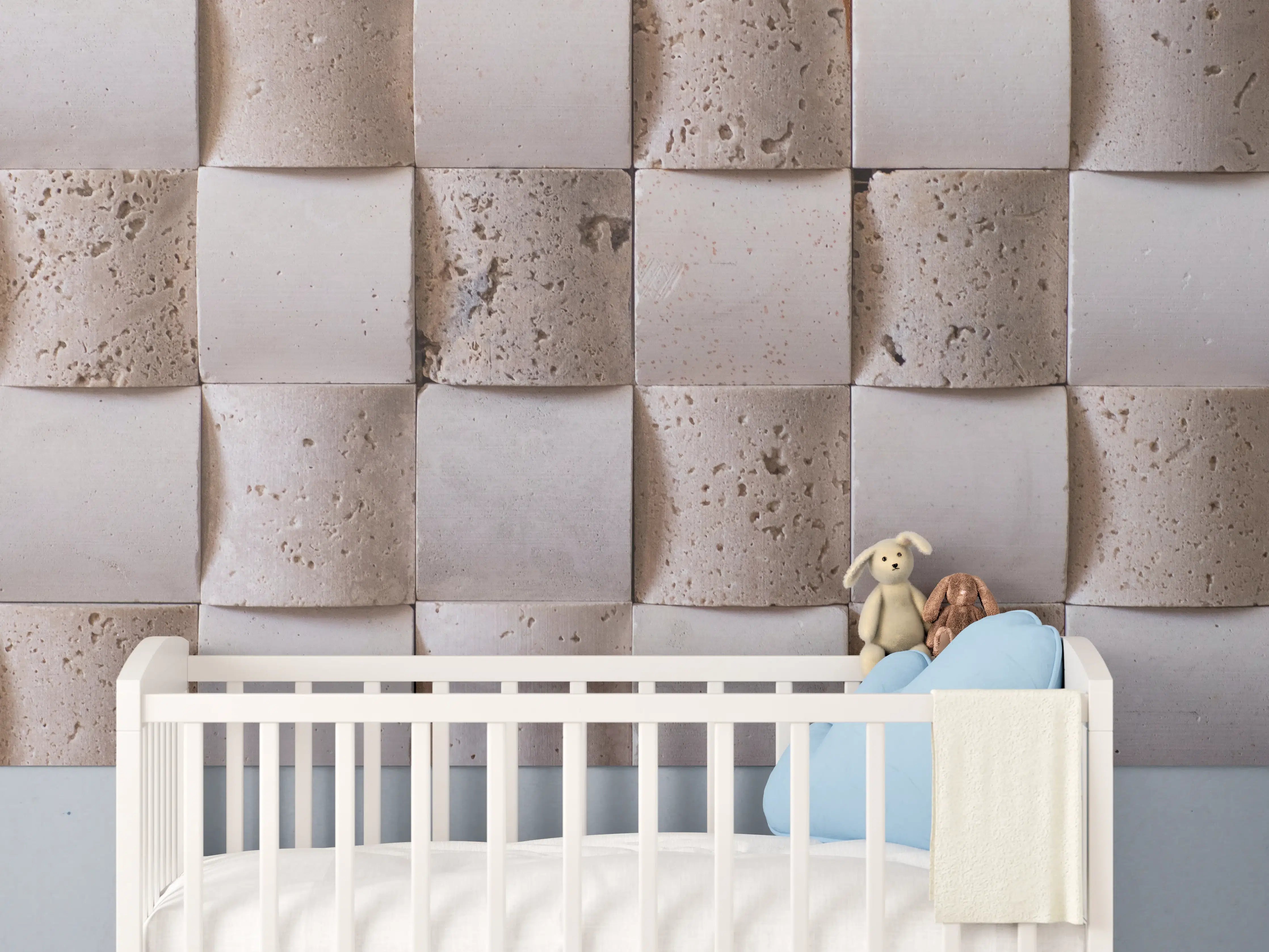 Babyzimmer Wandgestaltung - Natursteinwand mit Würfelformat