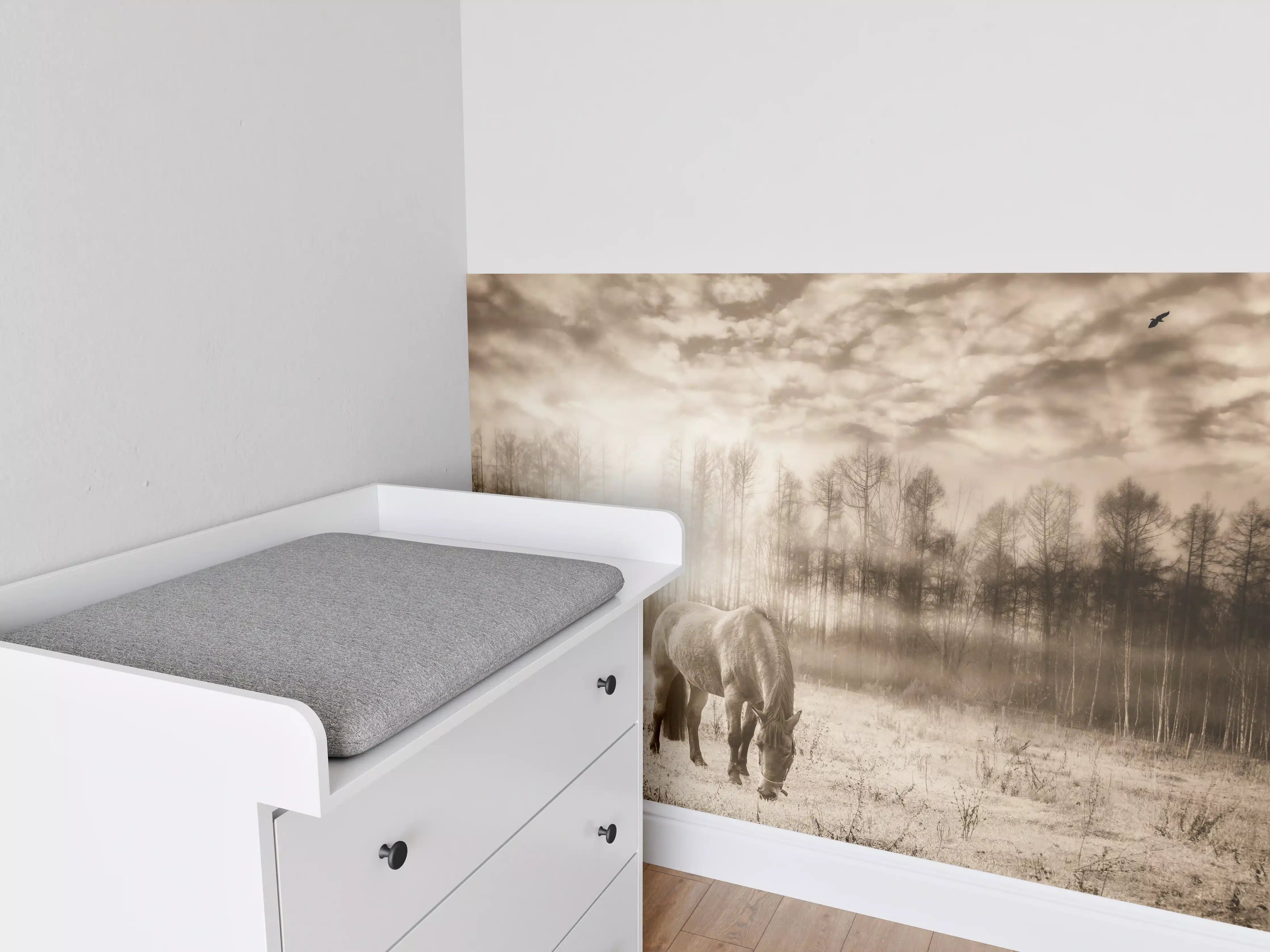 Babyzimmer Wandgestaltung - Nebelige Weide mit Pferd im Herbst