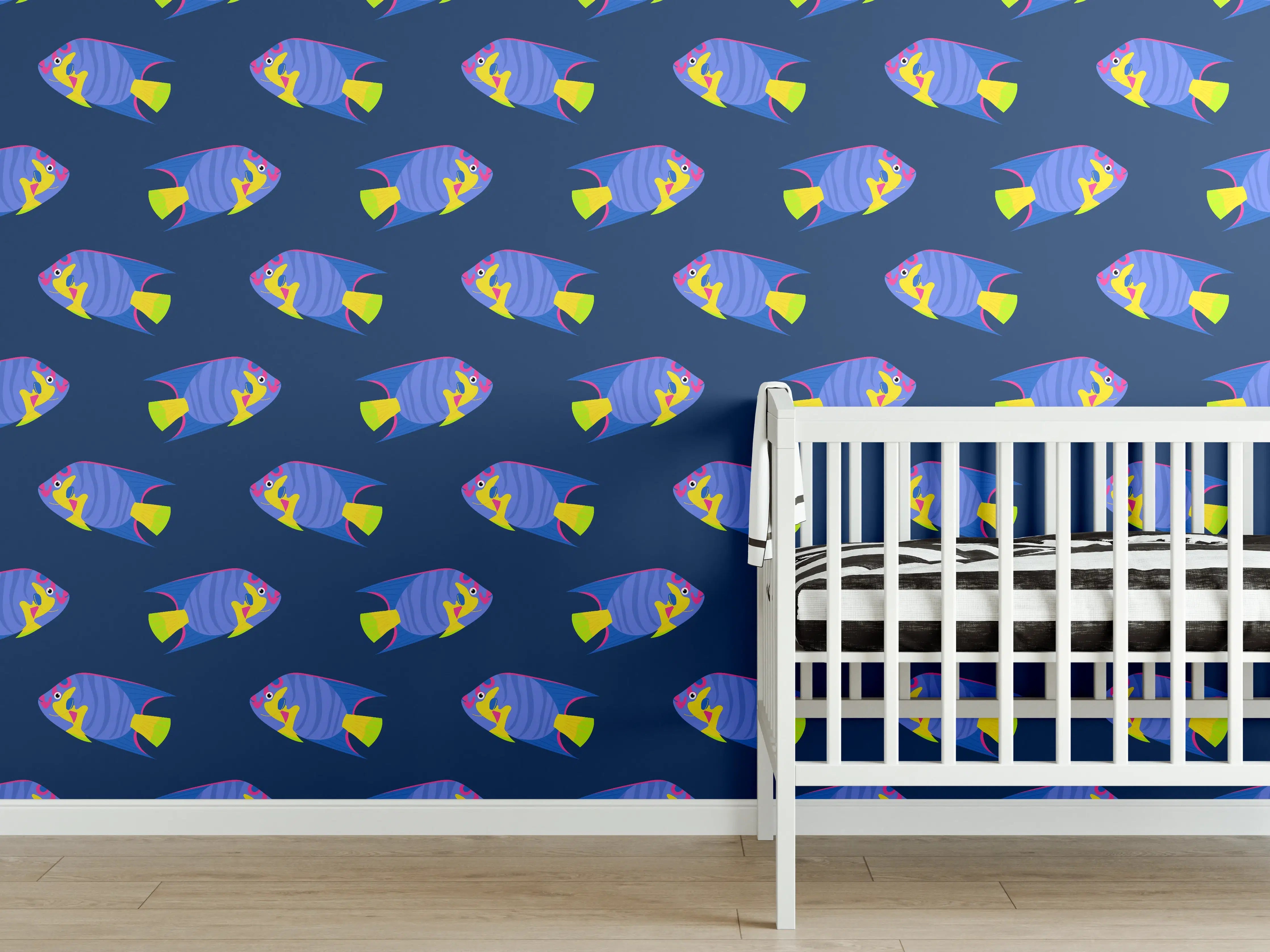 Babyzimmer Wandgestaltung - Neon-Fische Blau-Gelb Muster