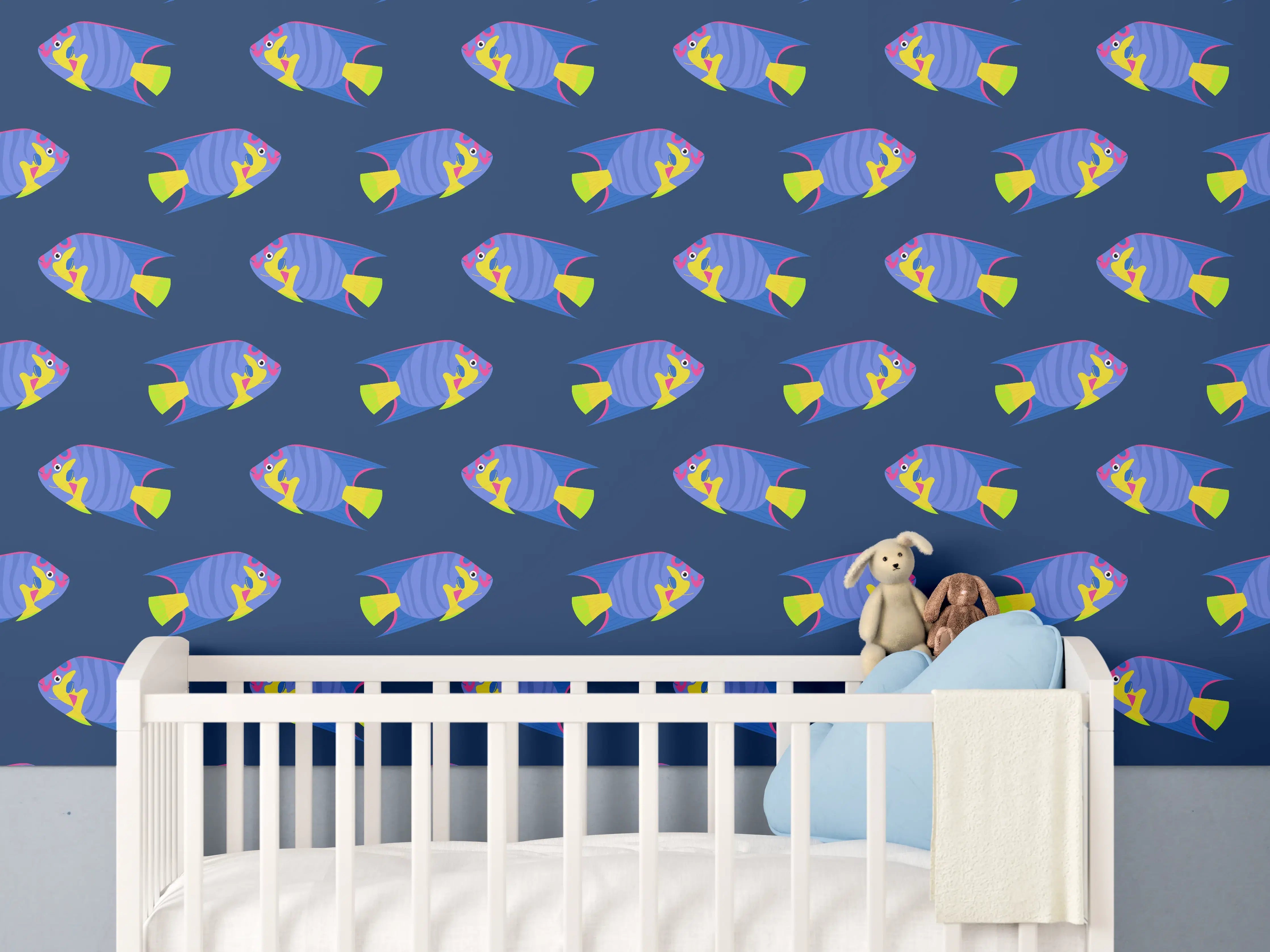Babyzimmer Wandgestaltung - Neon-Fische Blau-Gelb Muster