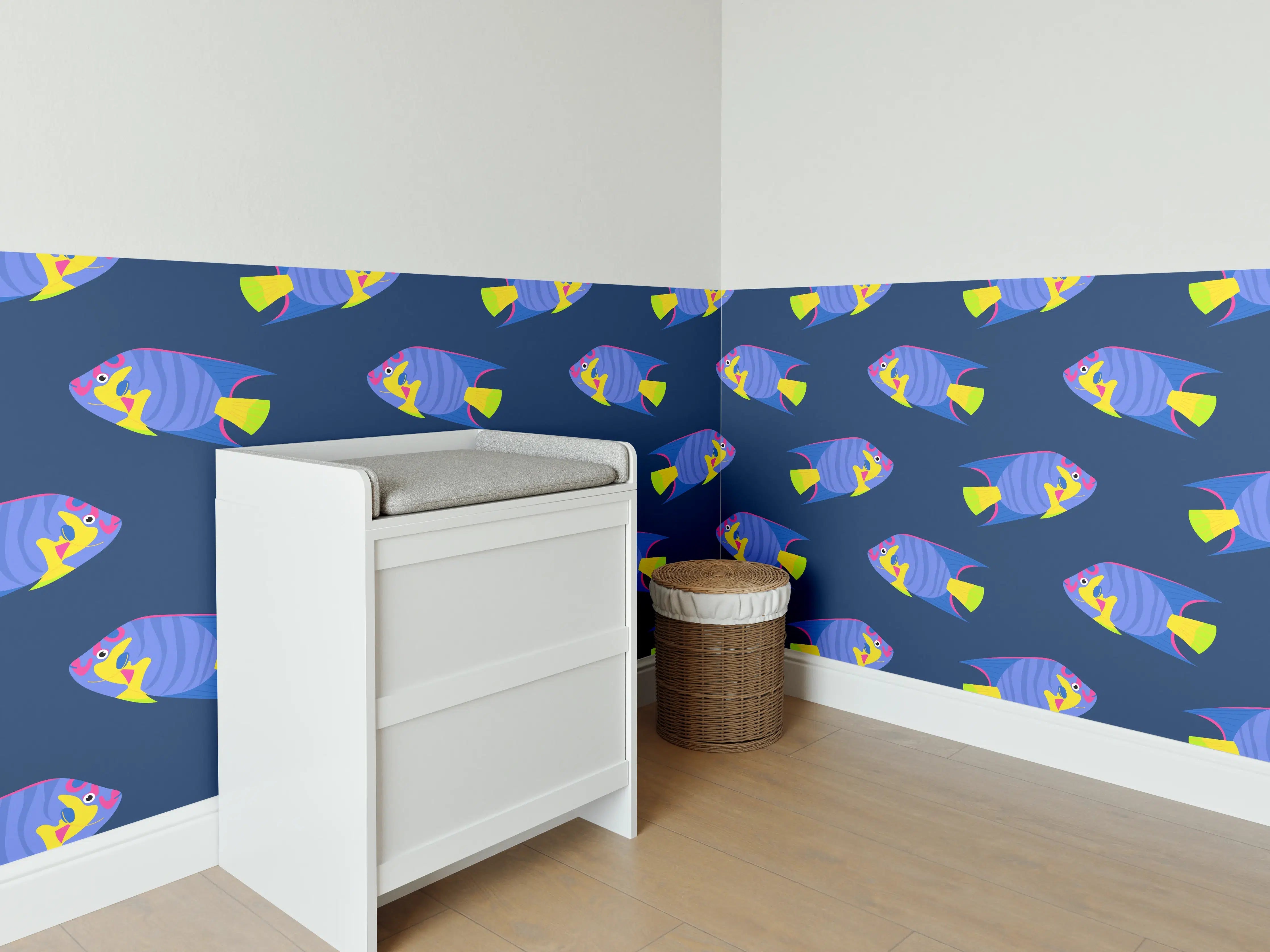 Babyzimmer Wandgestaltung - Neon-Fische Blau-Gelb Muster