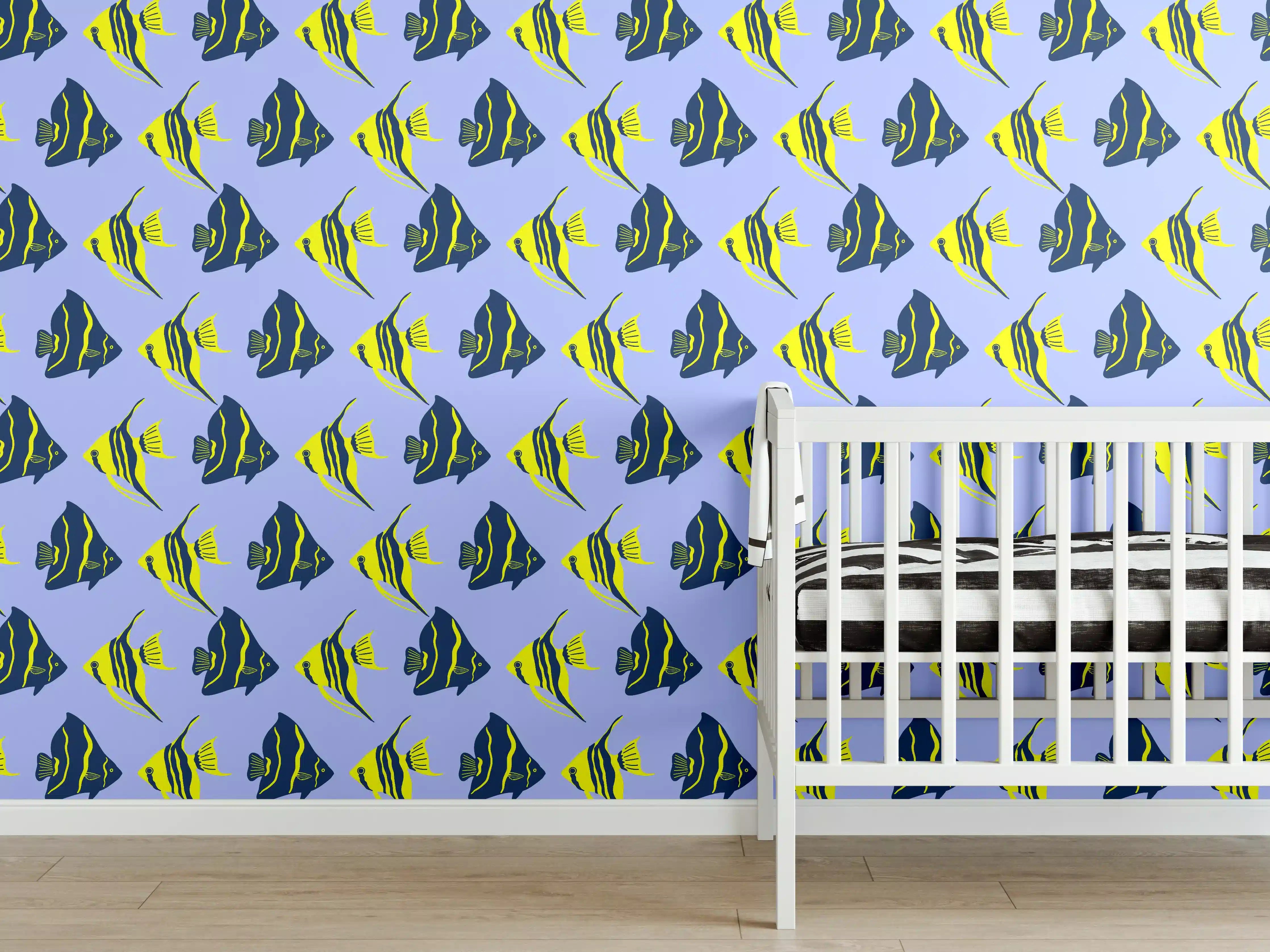 Babyzimmer Wandgestaltung - Neon-Fischmuster Blau Gelb