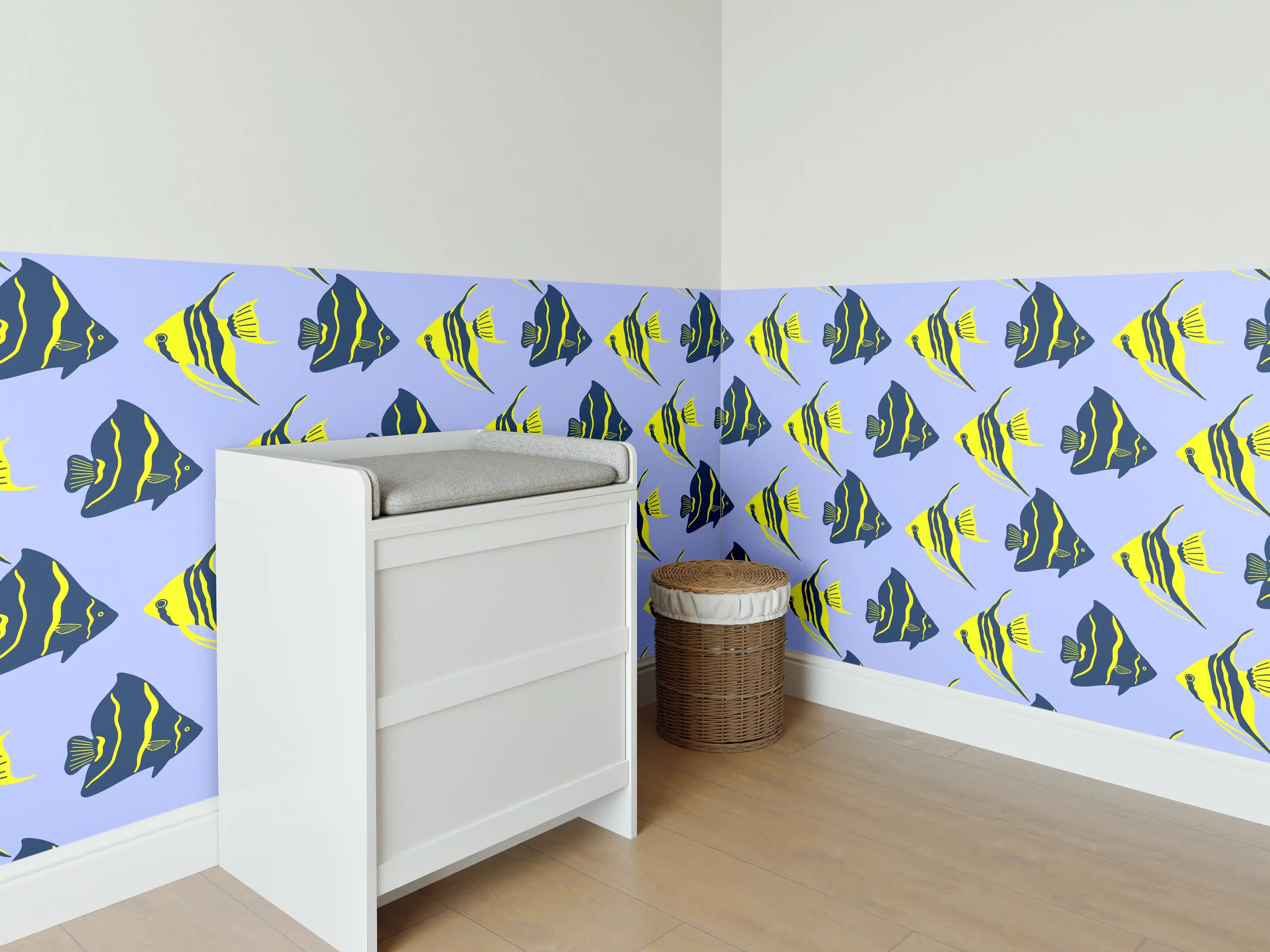 Babyzimmer Wandgestaltung - Neon-Fischmuster Blau Gelb