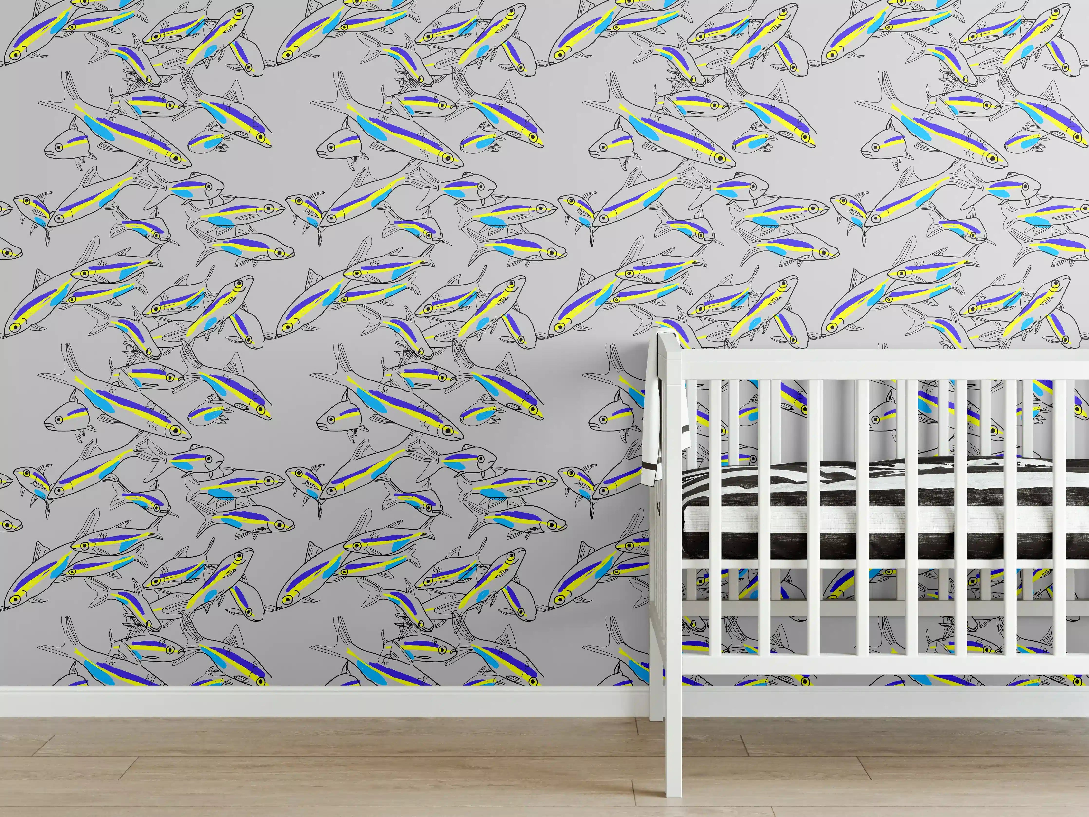 Babyzimmer Wandgestaltung - Neon-Fischmuster Türkis Gelb