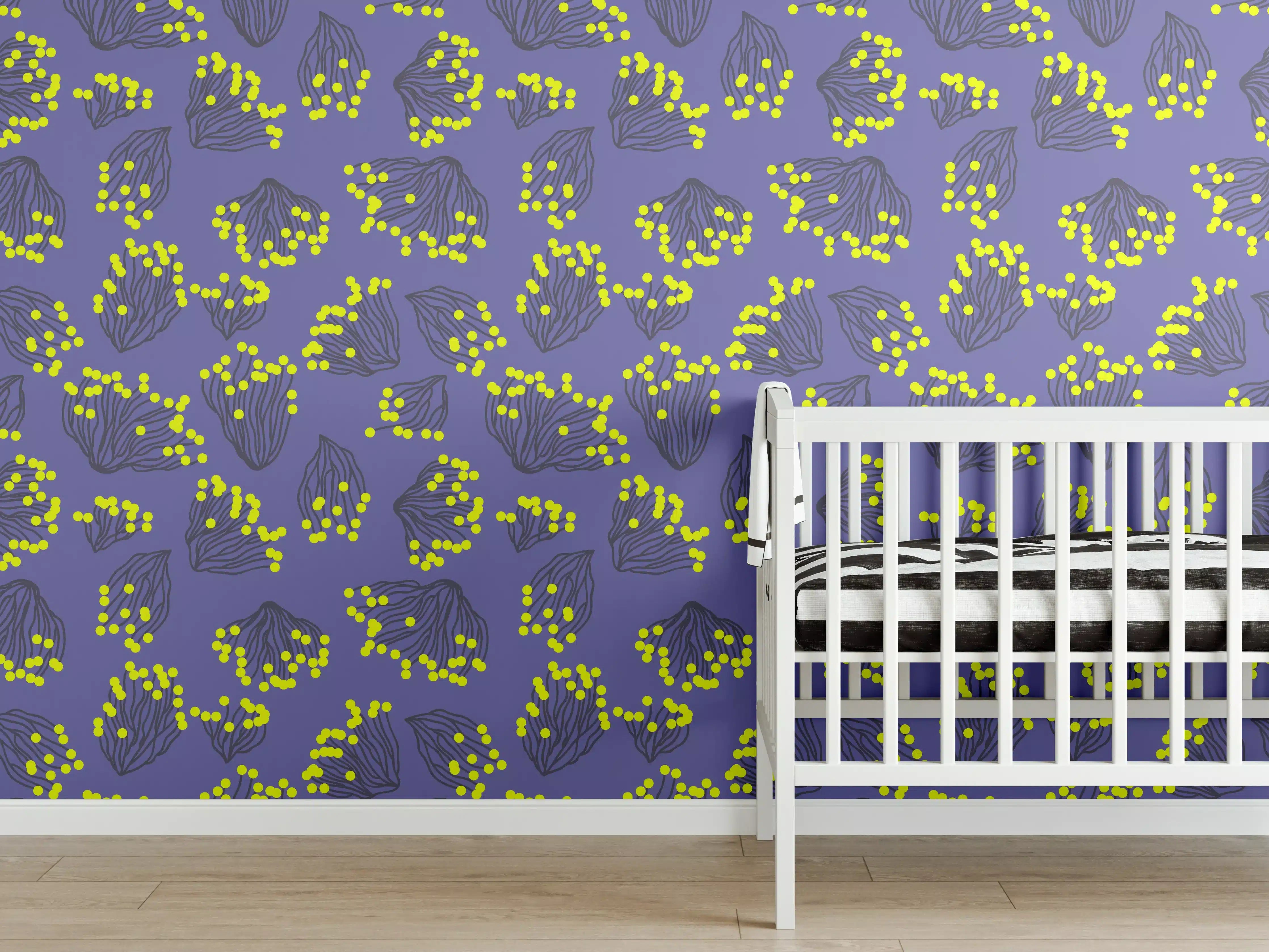 Babyzimmer Wandgestaltung - Neon-Korallen Lila-Gelb Muster