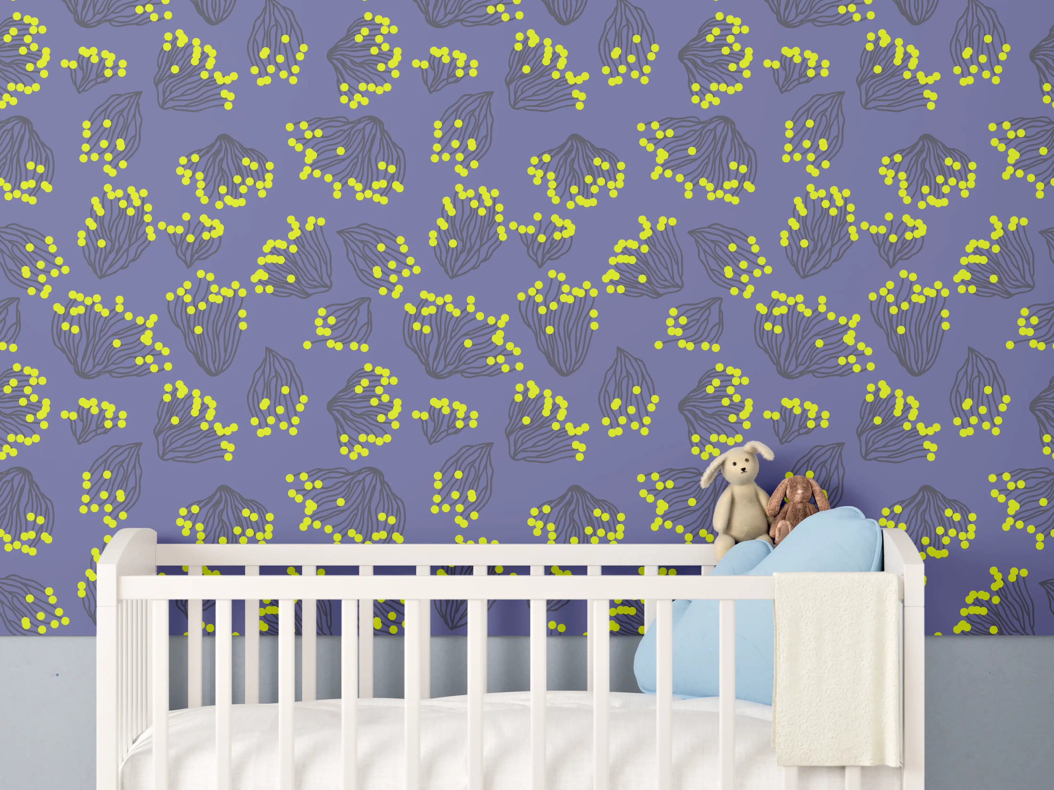 Babyzimmer Wandgestaltung - Neon-Korallen Lila-Gelb Muster