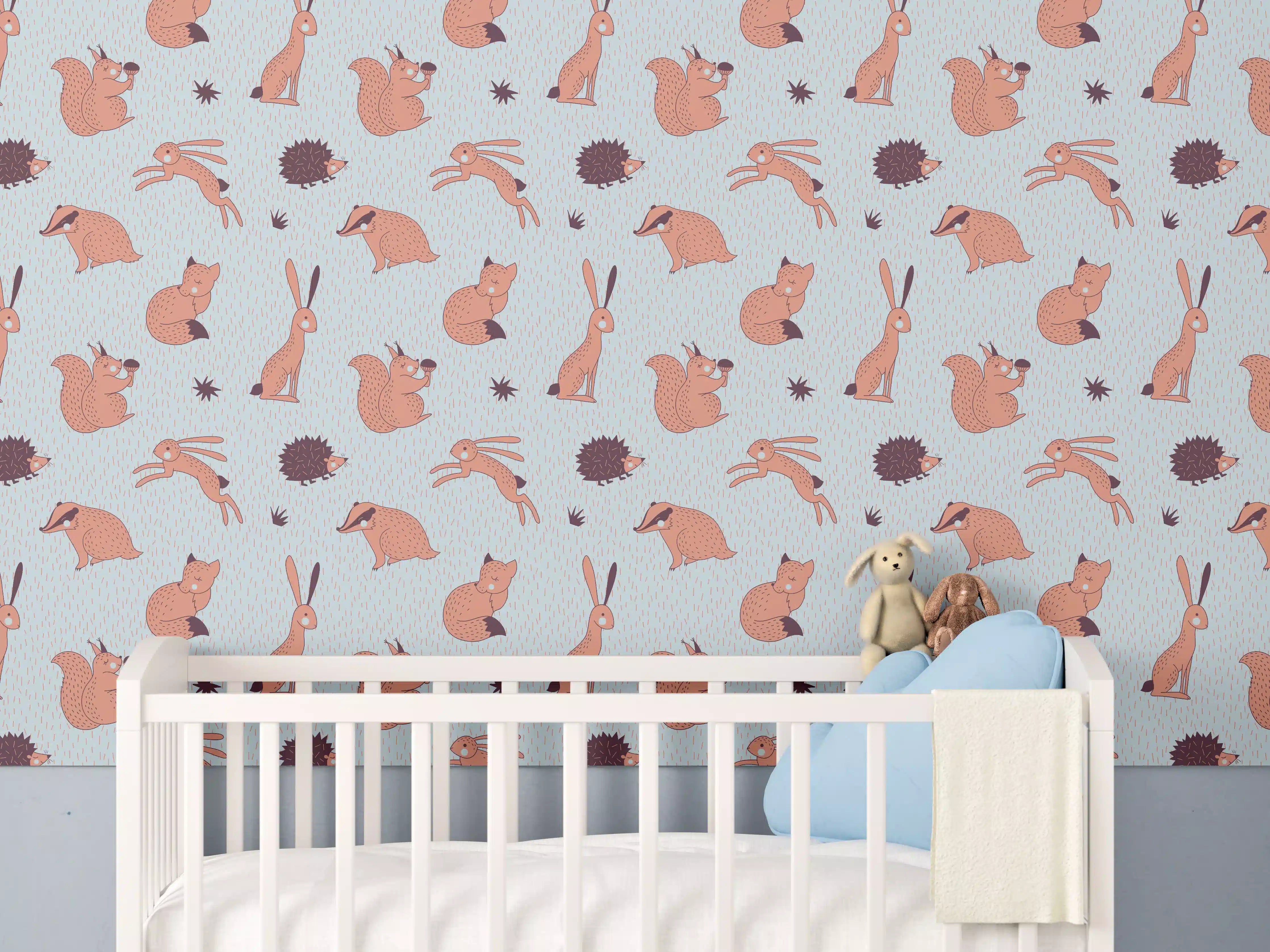 Babyzimmer Wandgestaltung - Niedliche Hasen und Sonnenblumen Muster in Hellblau