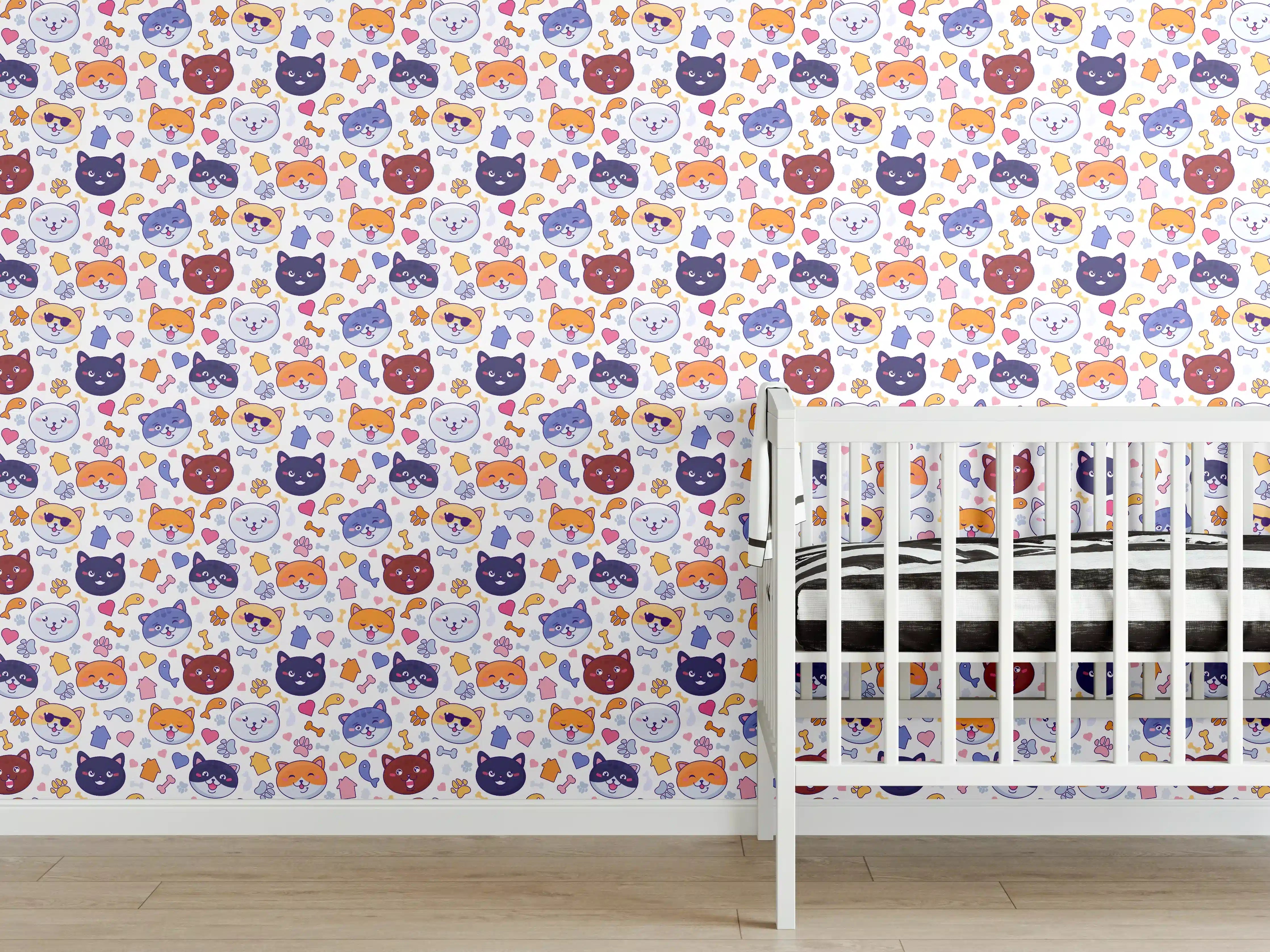 Babyzimmer Wandgestaltung - Niedliche bunte Katzenmuster in Pastellfarben