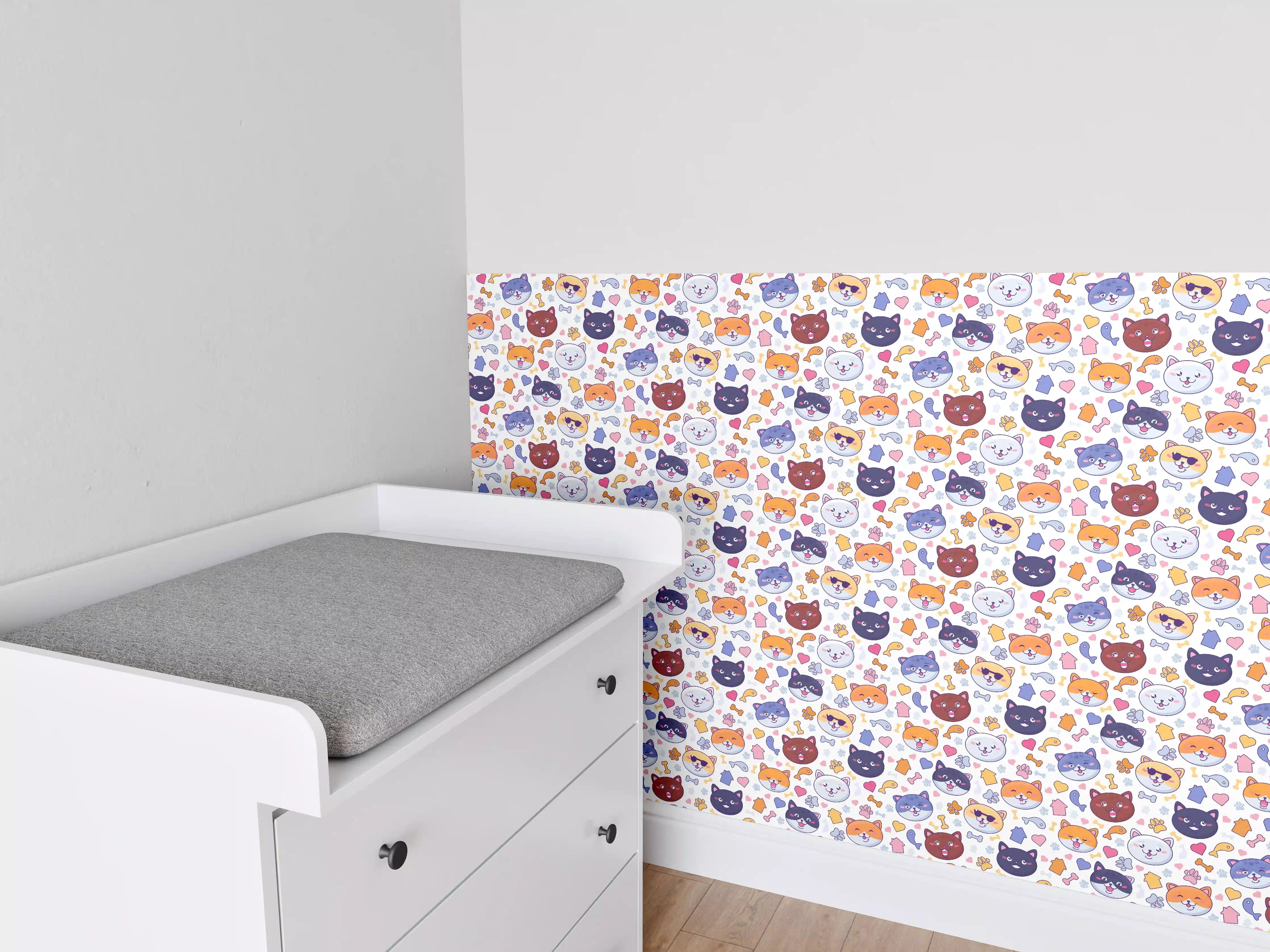 Babyzimmer Wandgestaltung - Niedliche bunte Katzenmuster in Pastellfarben