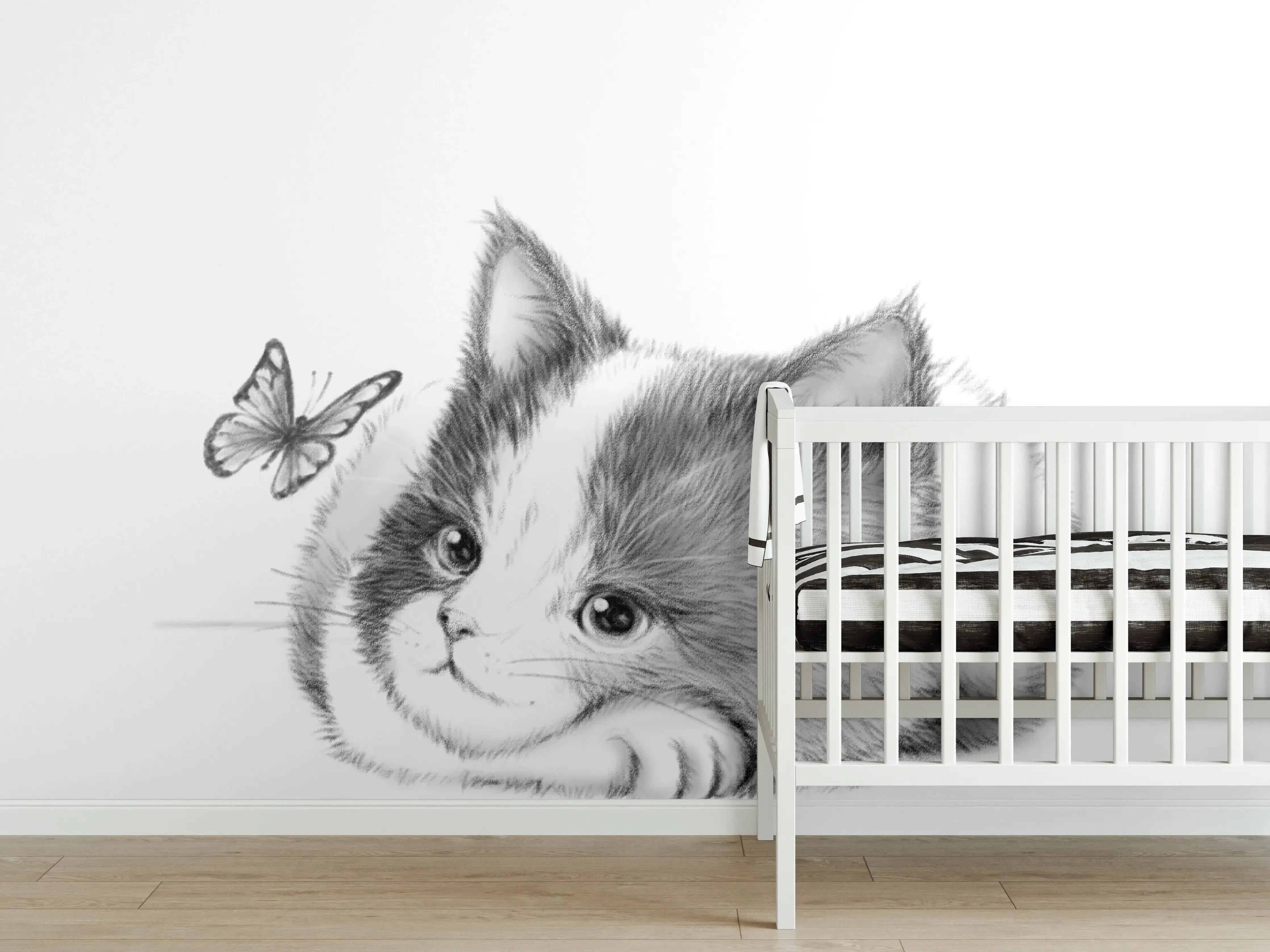 Babyzimmer Wandgestaltung - Niedliches Katzenbaby mit Schmetterling