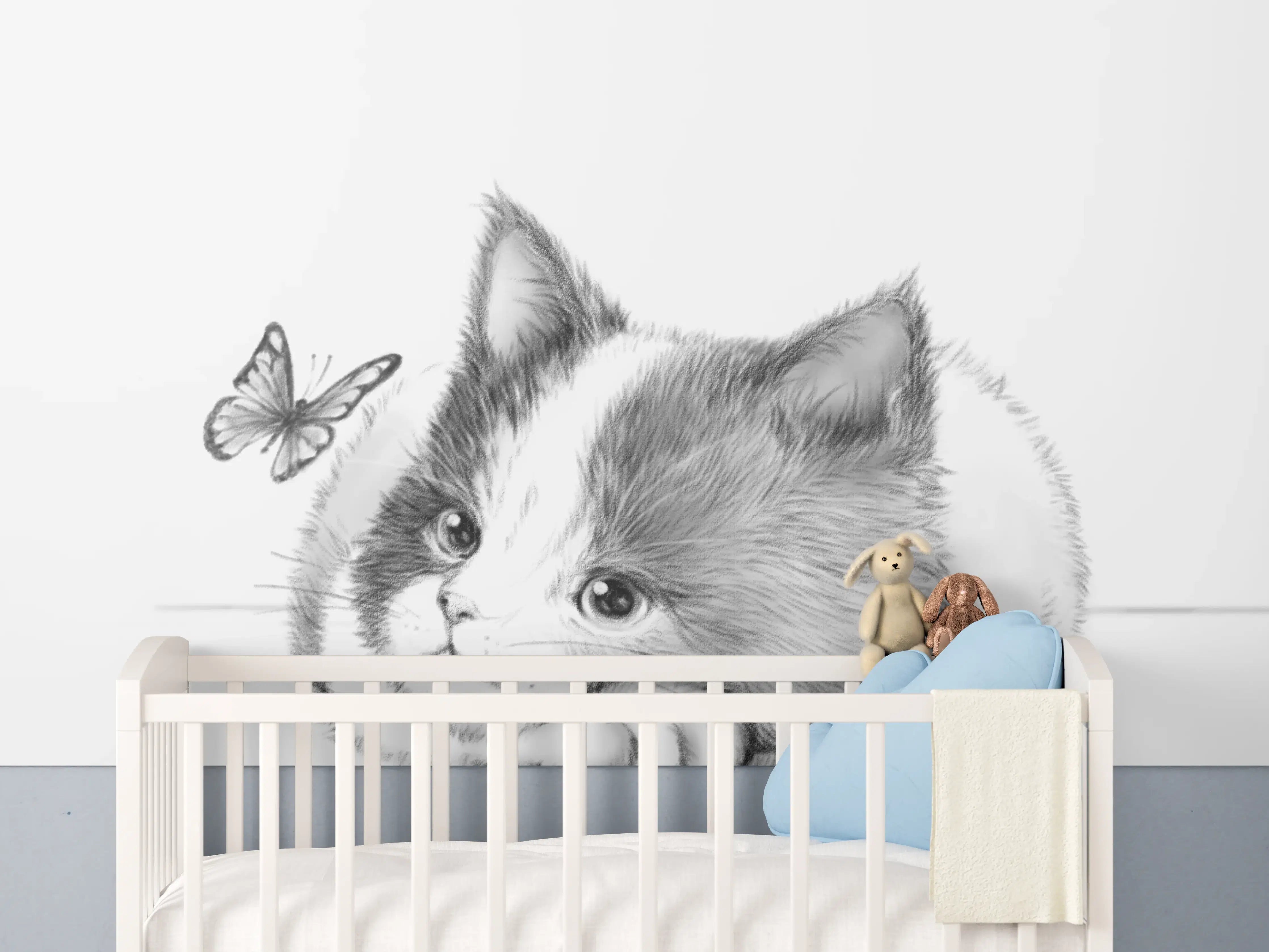 Babyzimmer Wandgestaltung - Niedliches Katzenbaby mit Schmetterling
