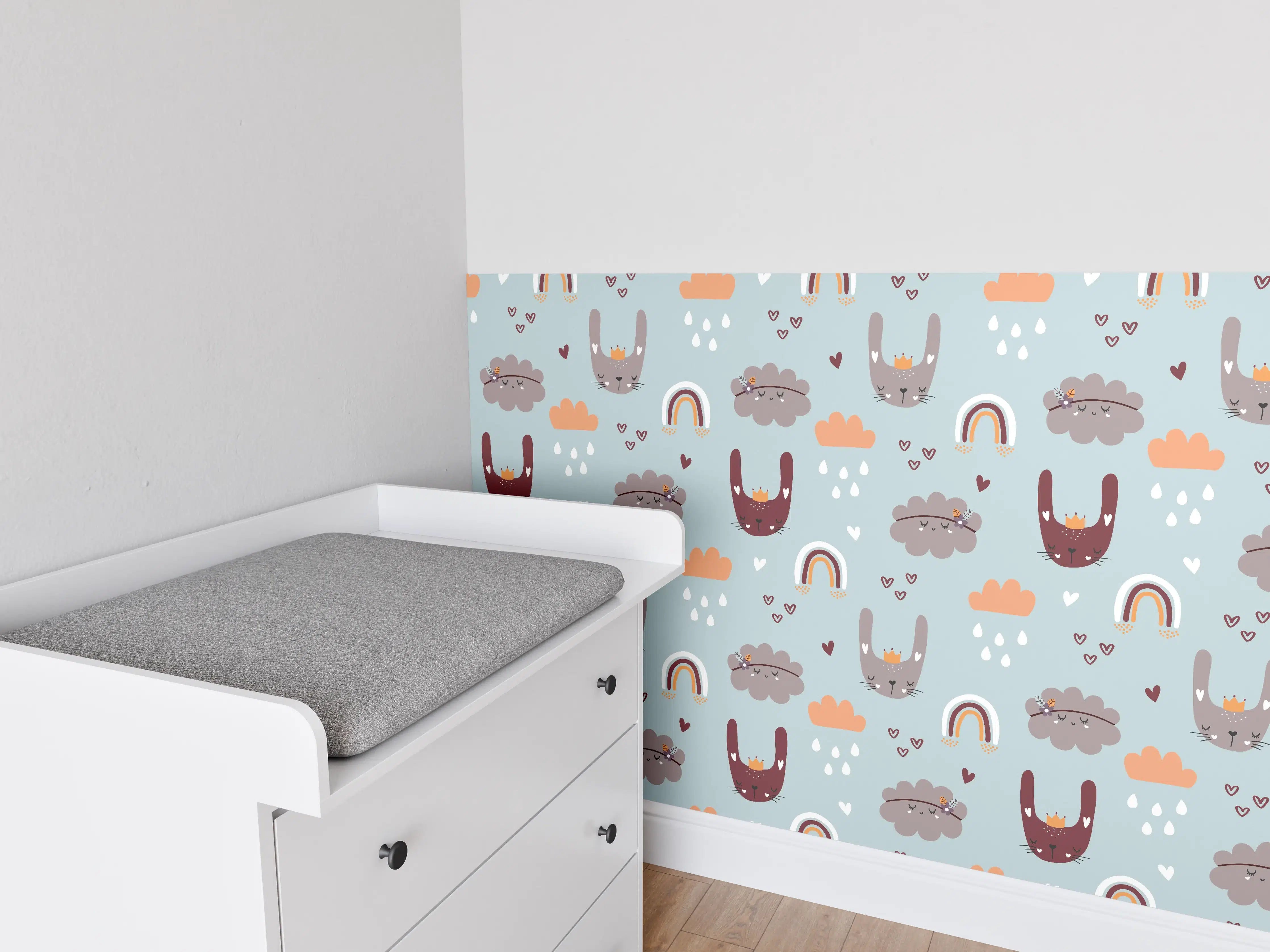 Babyzimmer Wandgestaltung - Niedliches Regenbogen- und Wolkenmuster in Pastellfarben