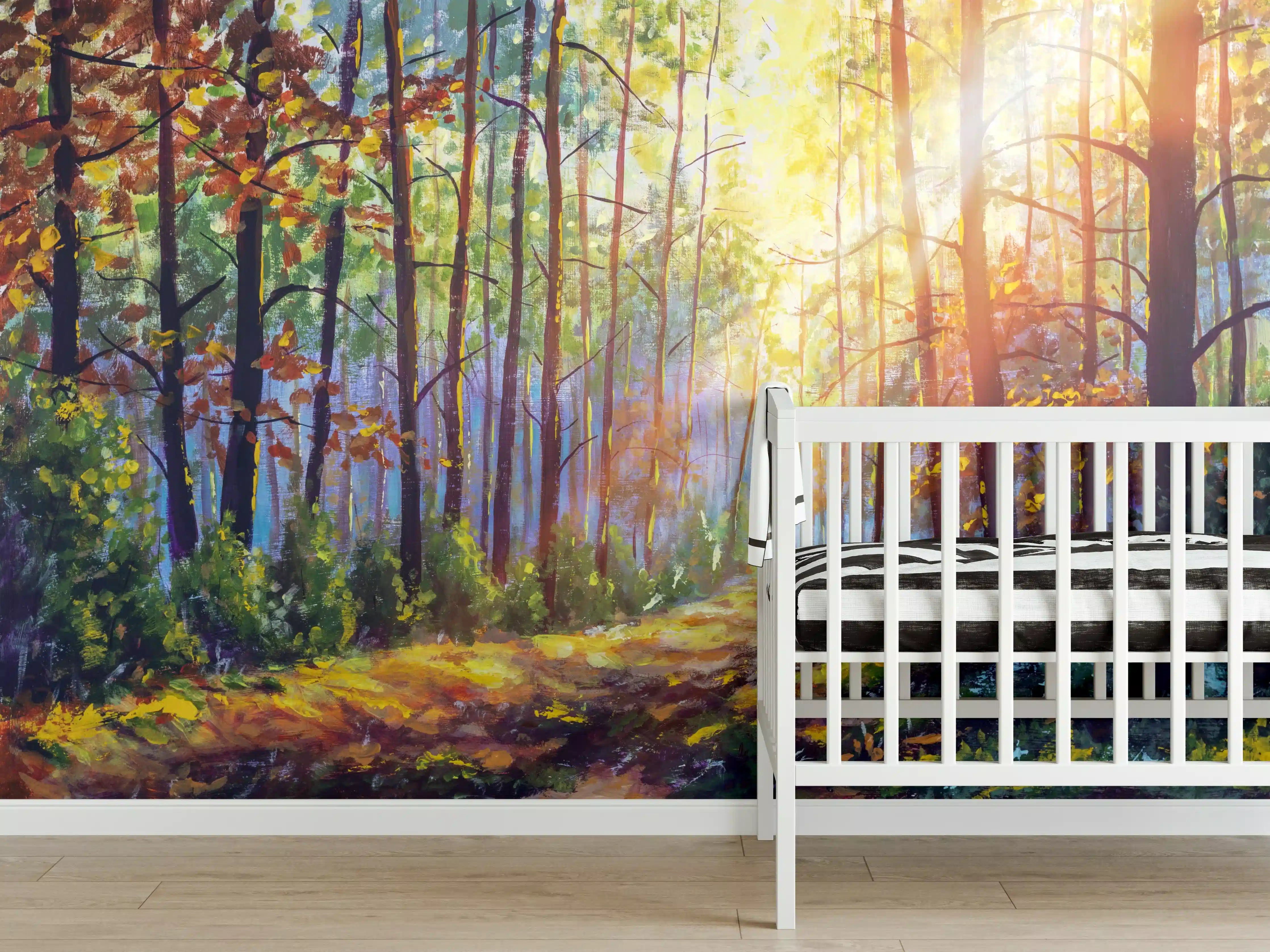 Babyzimmer Wandgestaltung - Ölgemälde lichterfüllter Wald im Herbst