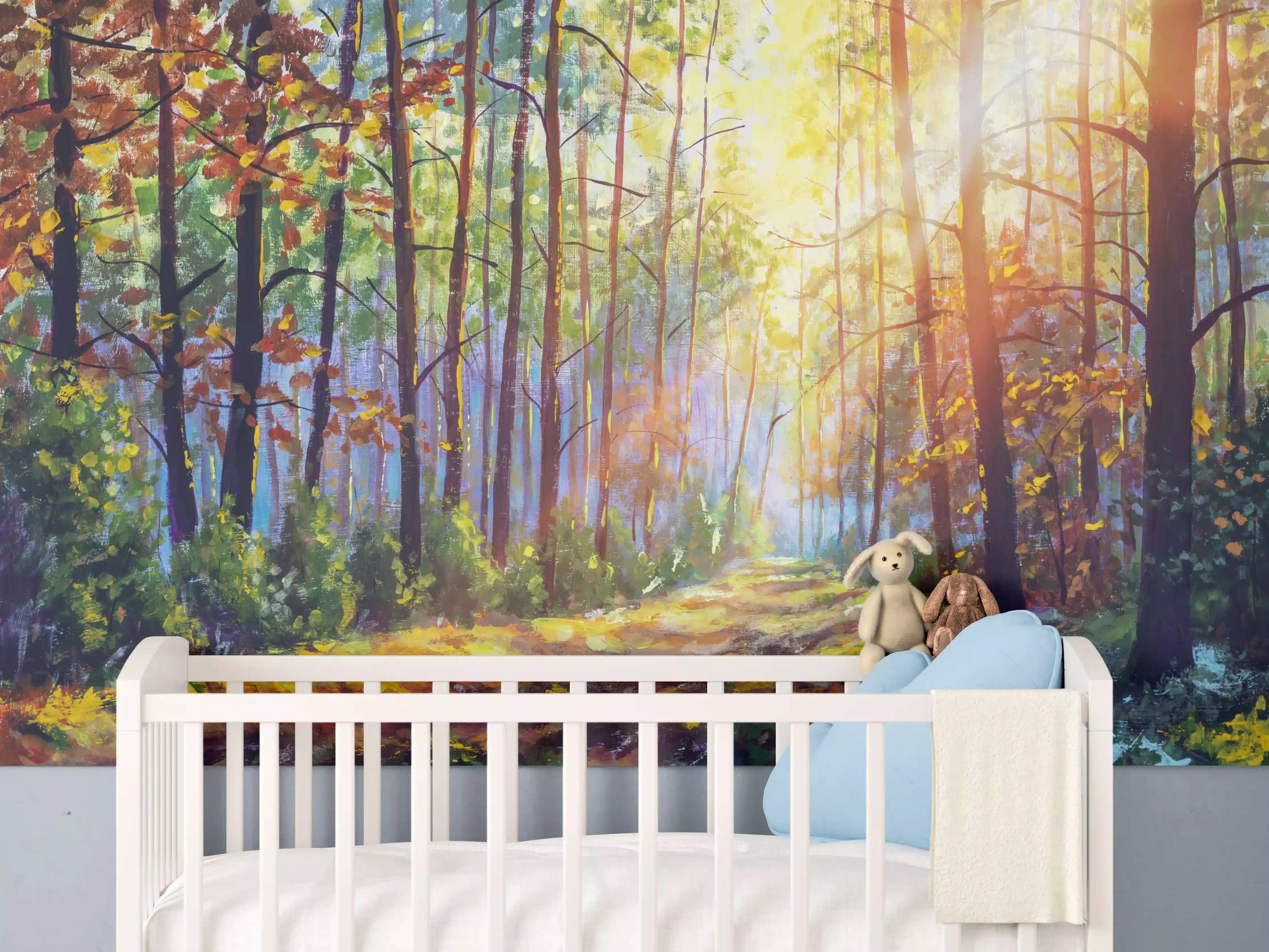 Babyzimmer Wandgestaltung - Ölgemälde lichterfüllter Wald im Herbst
