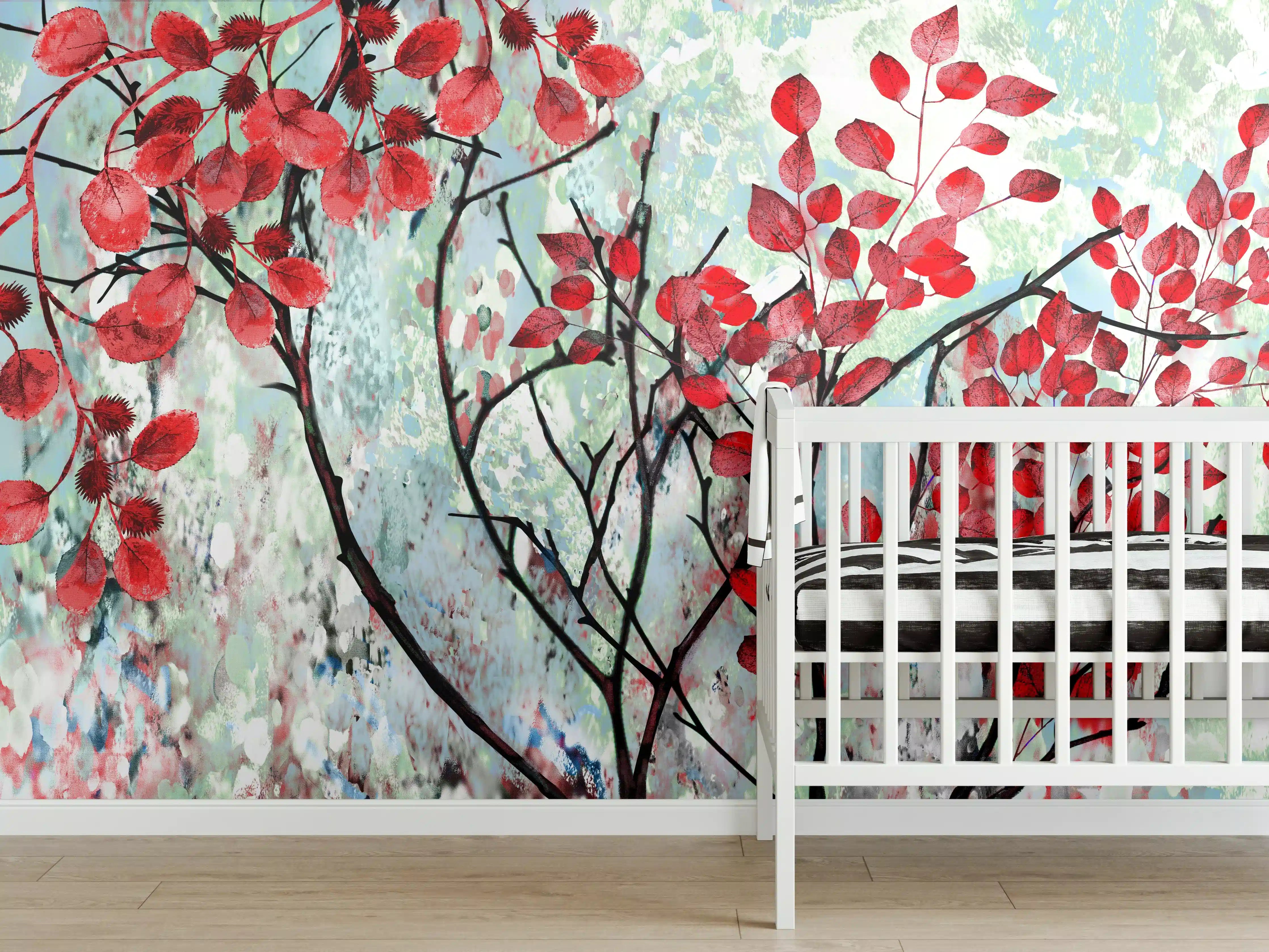 Babyzimmer Wandgestaltung - Ölmalerei von roten Blättern im Frühling