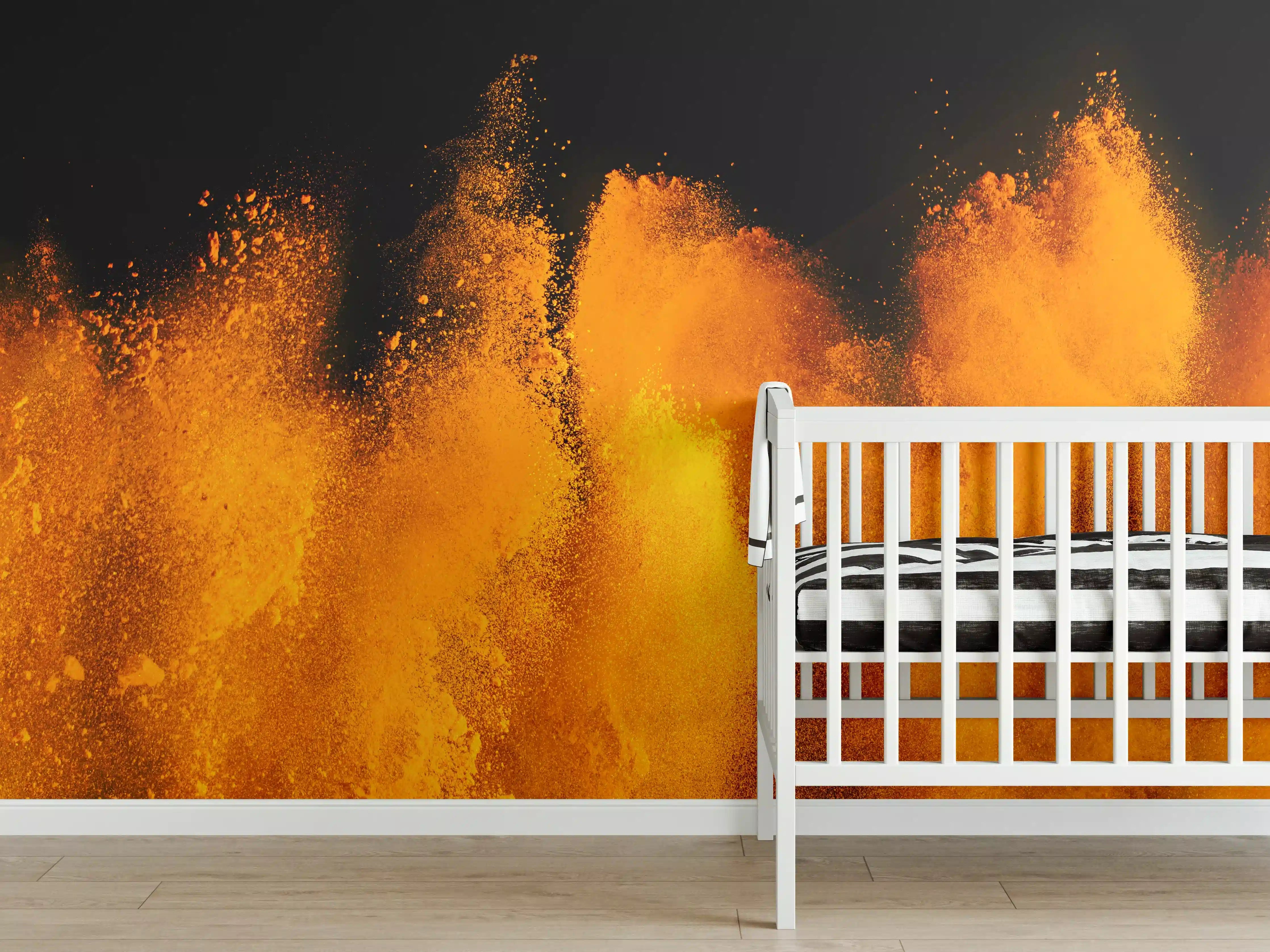 Babyzimmer Wandgestaltung - Orange-Rote Holi Farbexplosion
