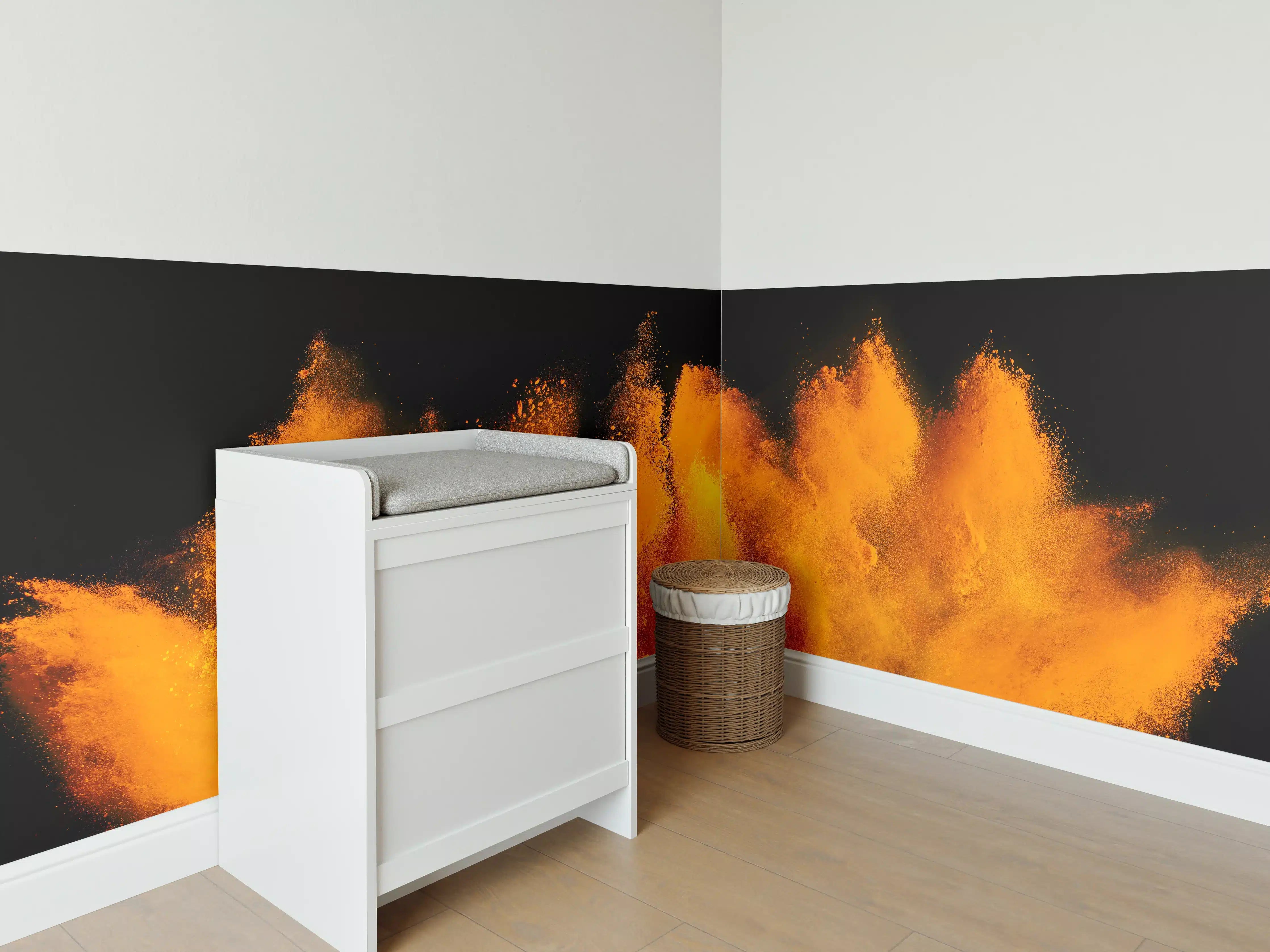 Babyzimmer Wandgestaltung - Orange-Rote Holi Farbexplosion