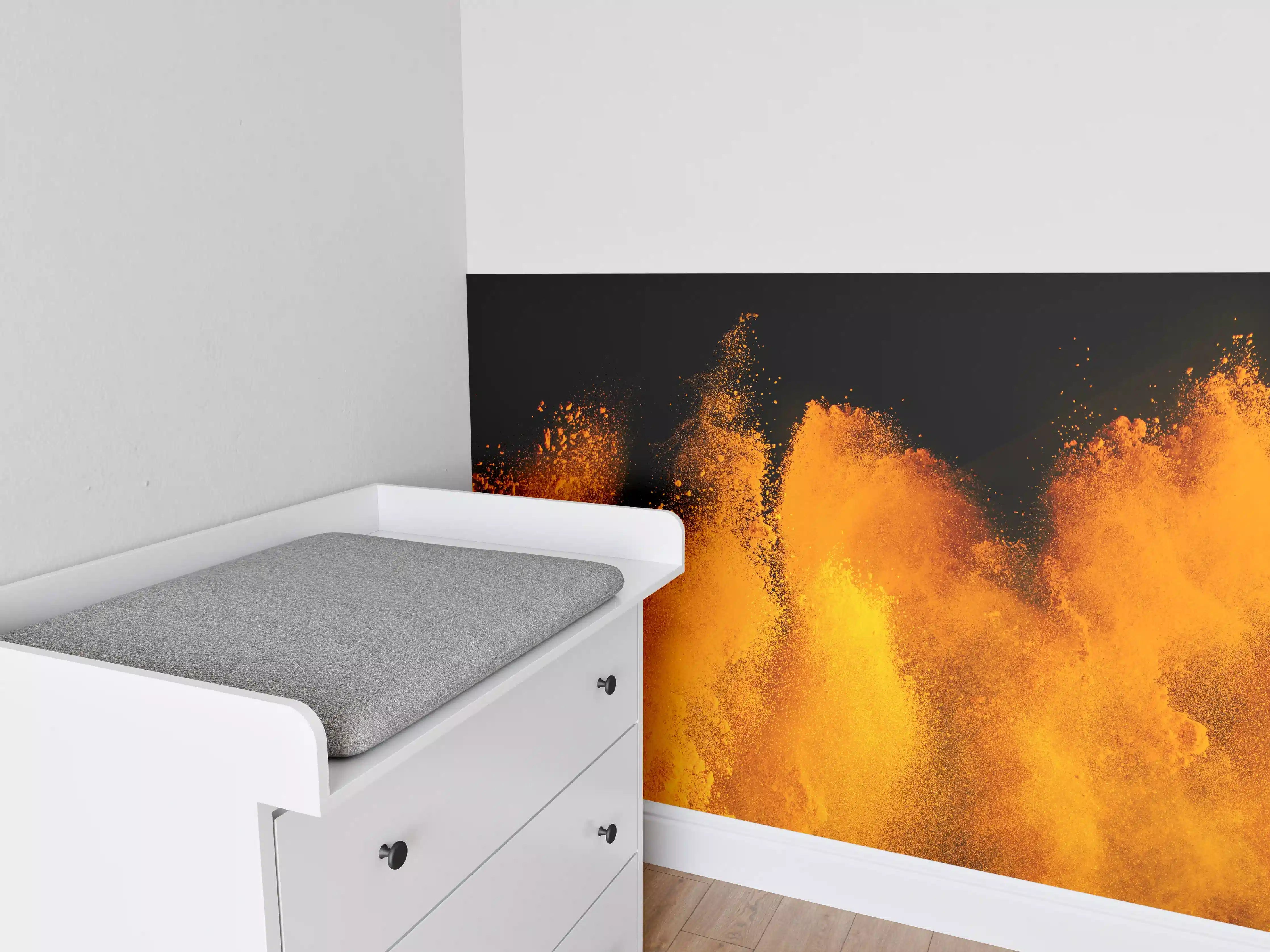 Babyzimmer Wandgestaltung - Orange-Rote Holi Farbexplosion