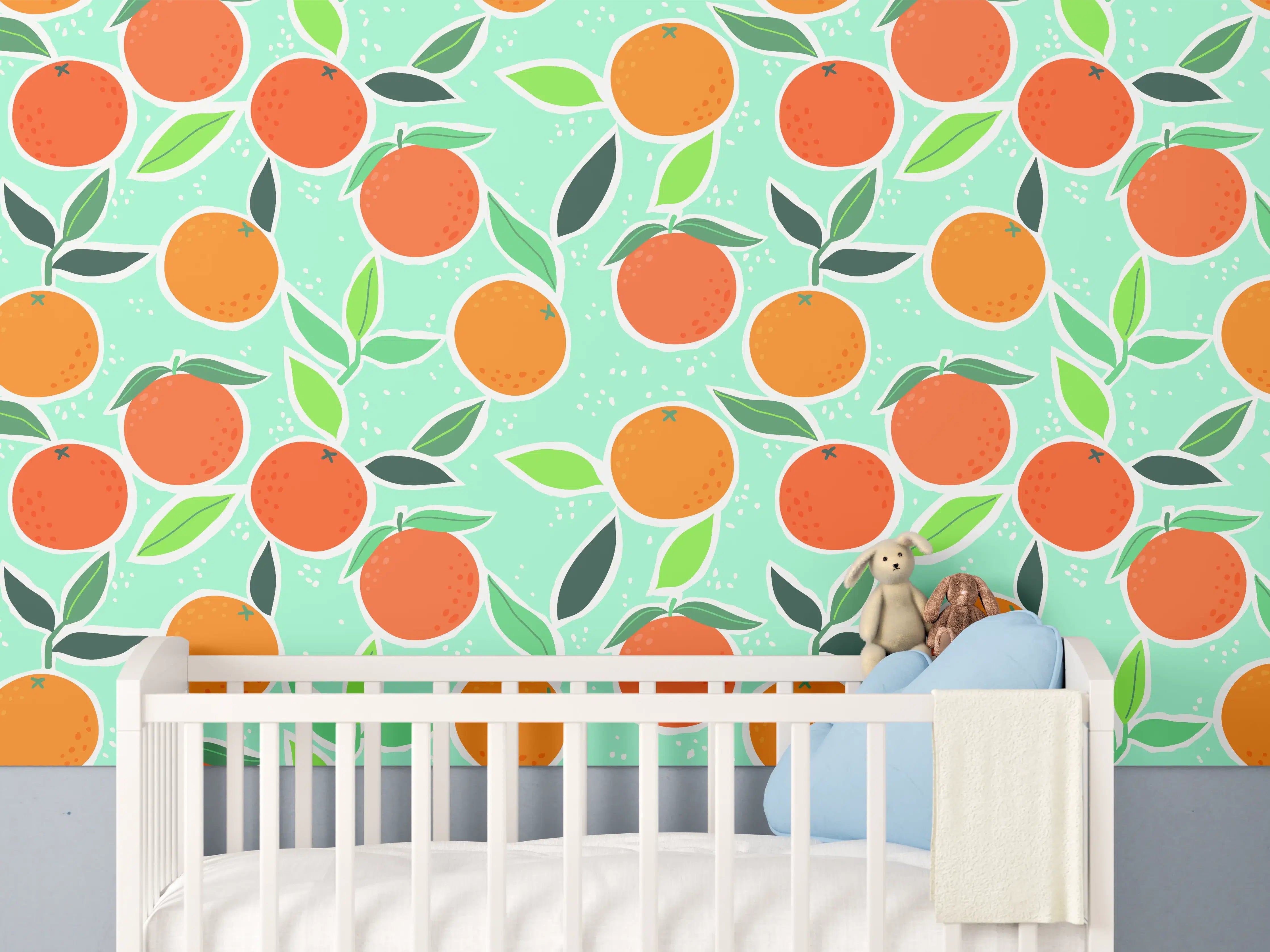 Babyzimmer Wandgestaltung - Orangenbaum Muster auf hellgrünem Hintergrund