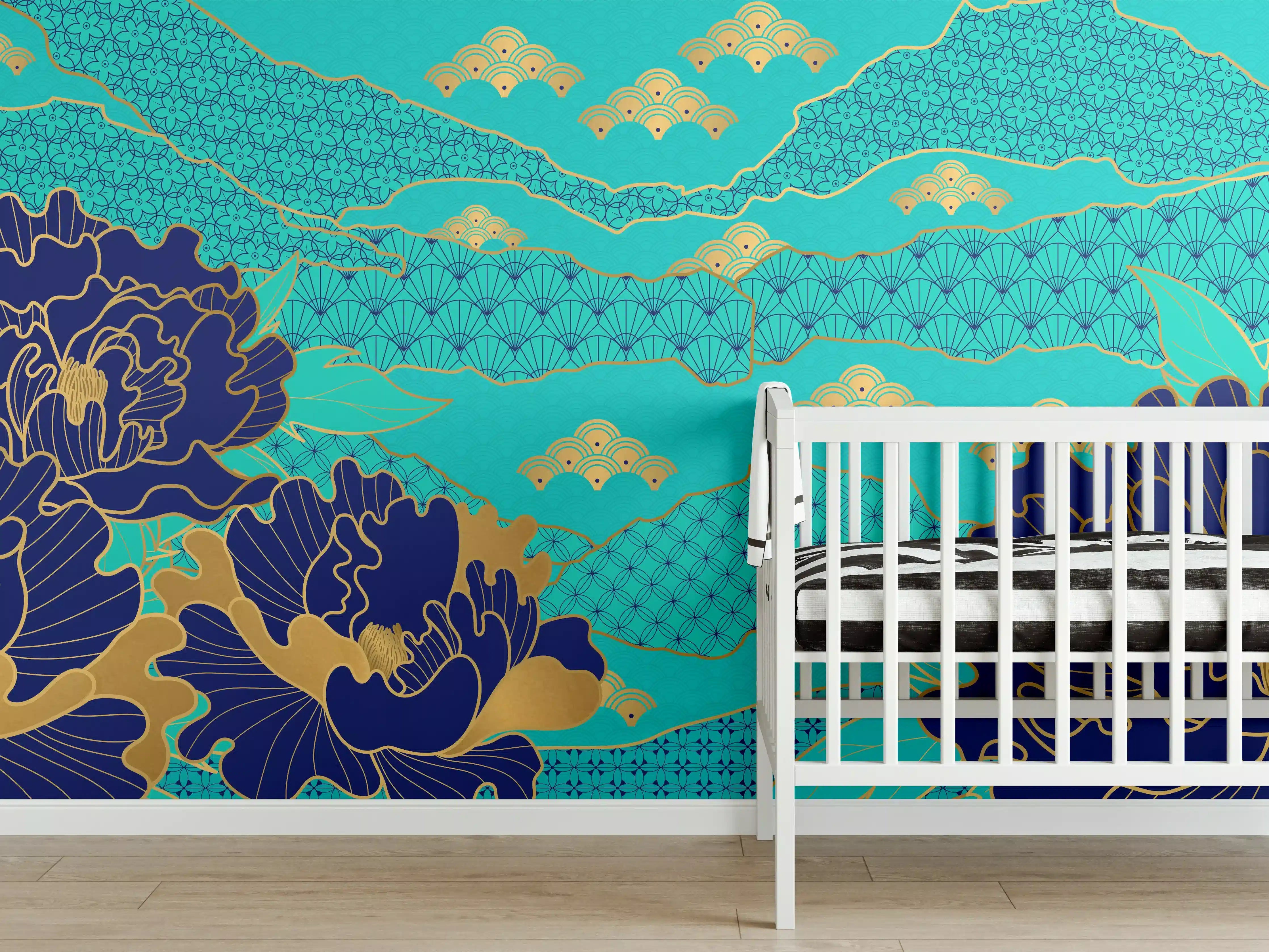Babyzimmer Wandgestaltung - Orientalisch-Blauer Blumen-Digitaldruck