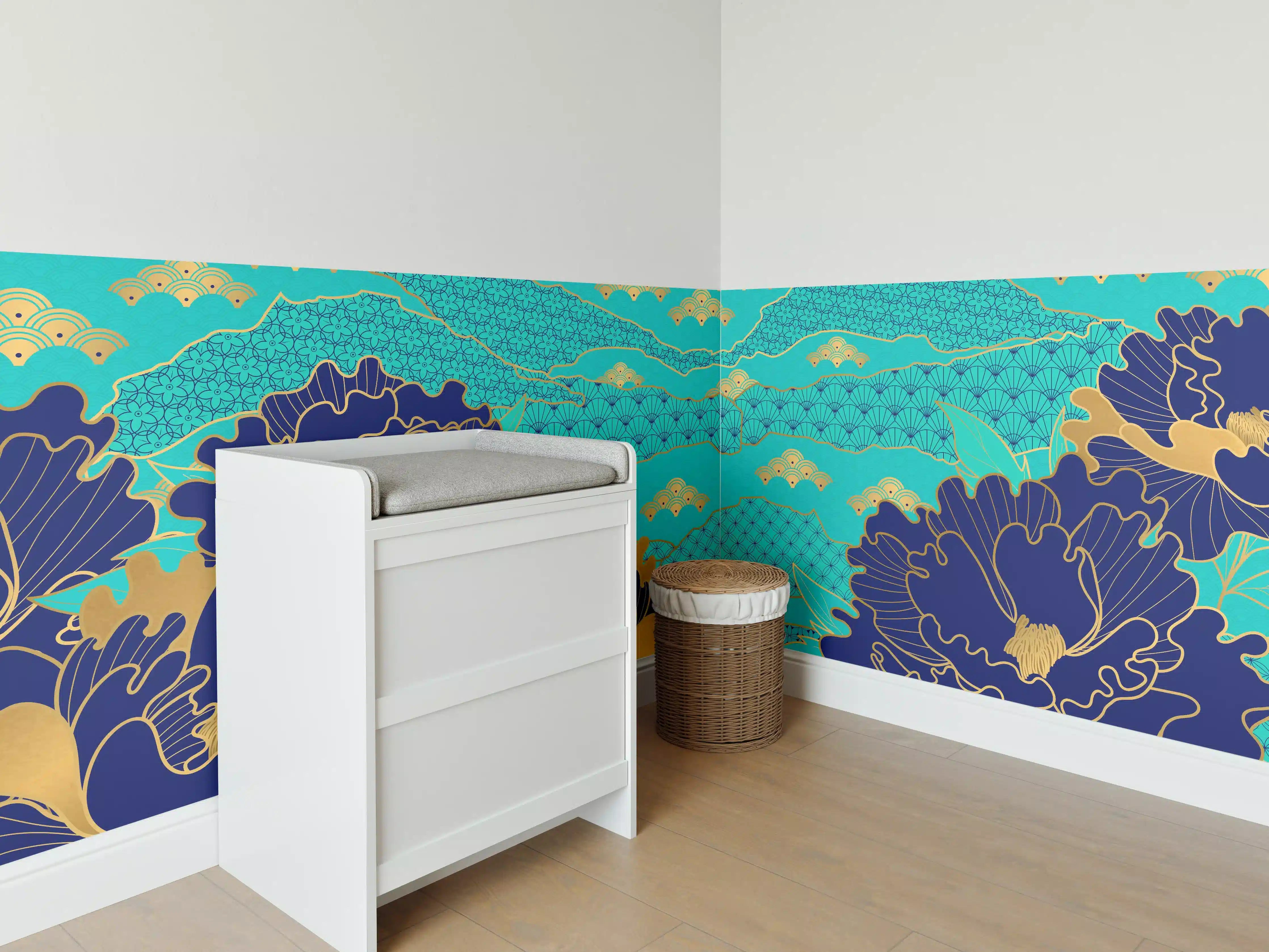 Babyzimmer Wandgestaltung - Orientalisch-Blauer Blumen-Digitaldruck