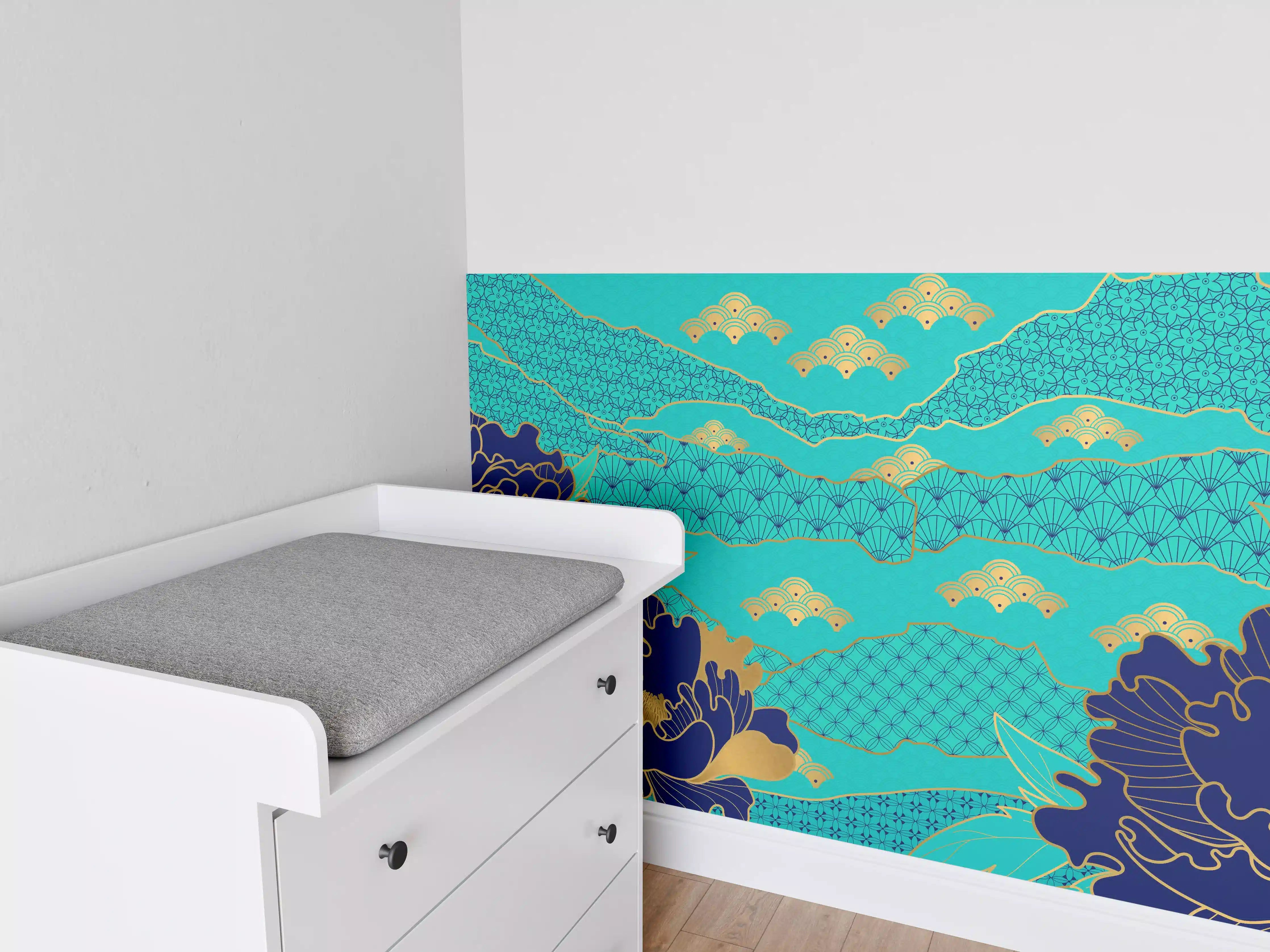 Babyzimmer Wandgestaltung - Orientalisch-Blauer Blumen-Digitaldruck