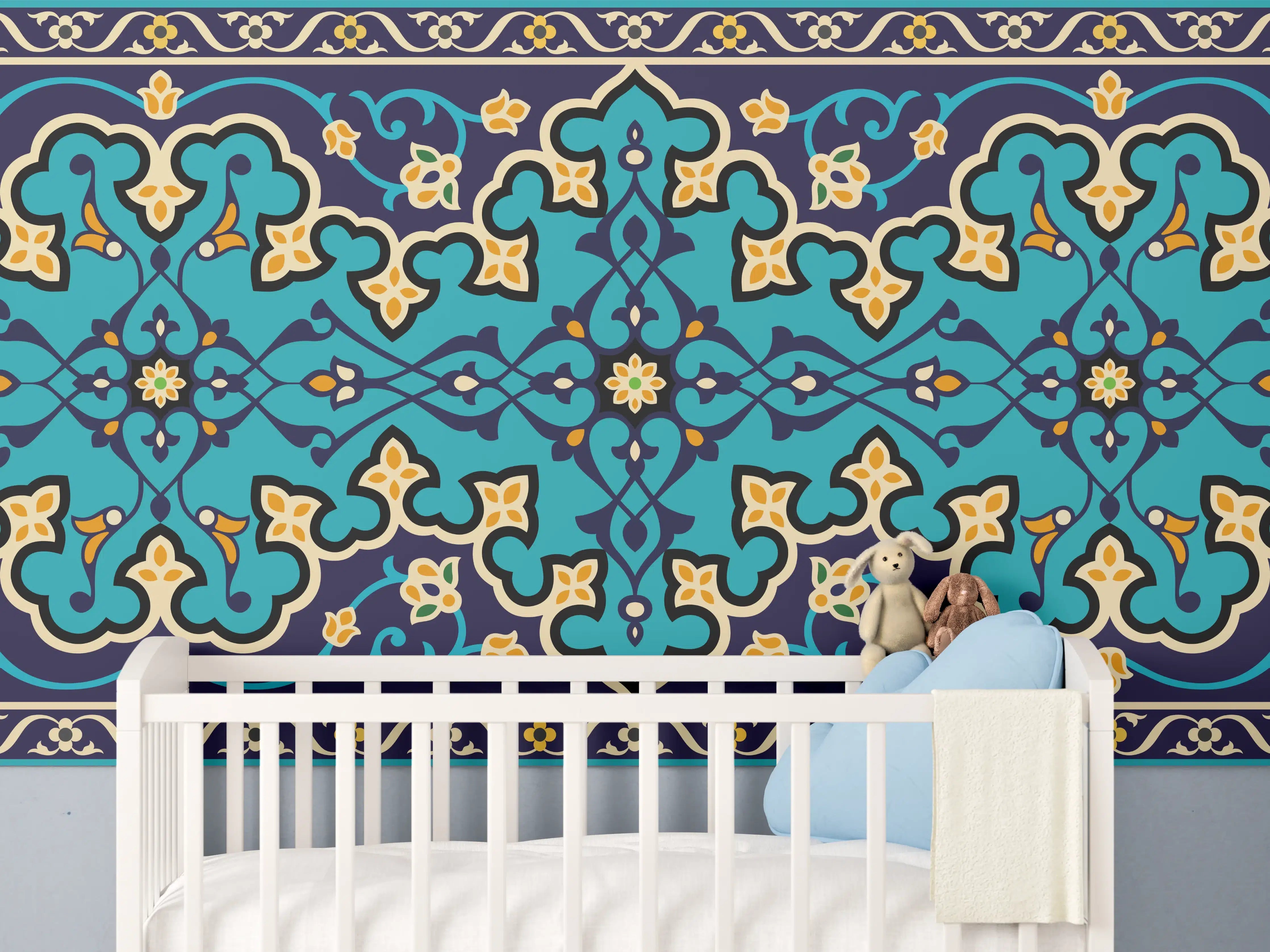 Babyzimmer Wandgestaltung - Orientalisches Blau-Gold Muster