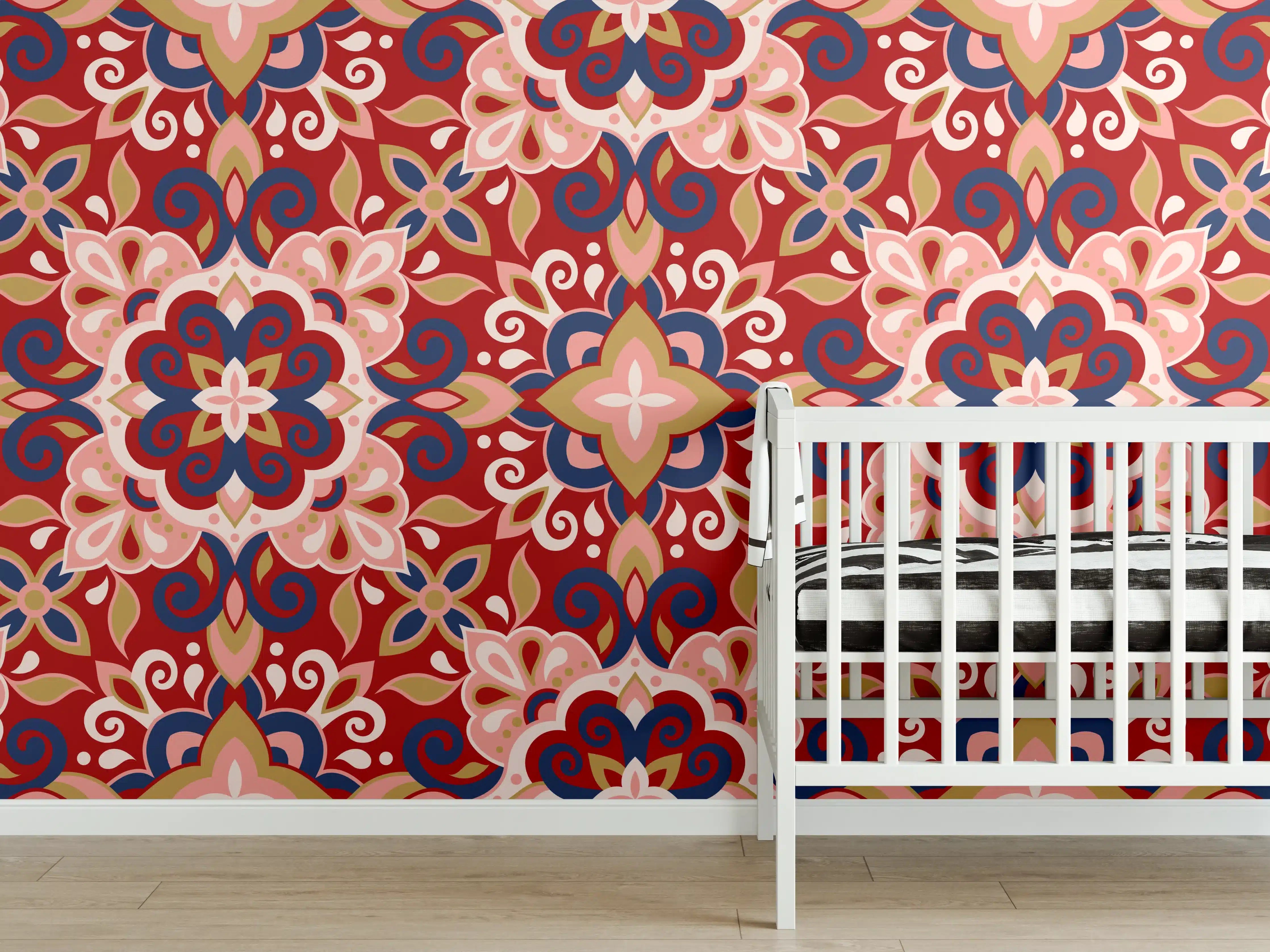 Babyzimmer Wandgestaltung - Orientalisches Rot-Blau Muster