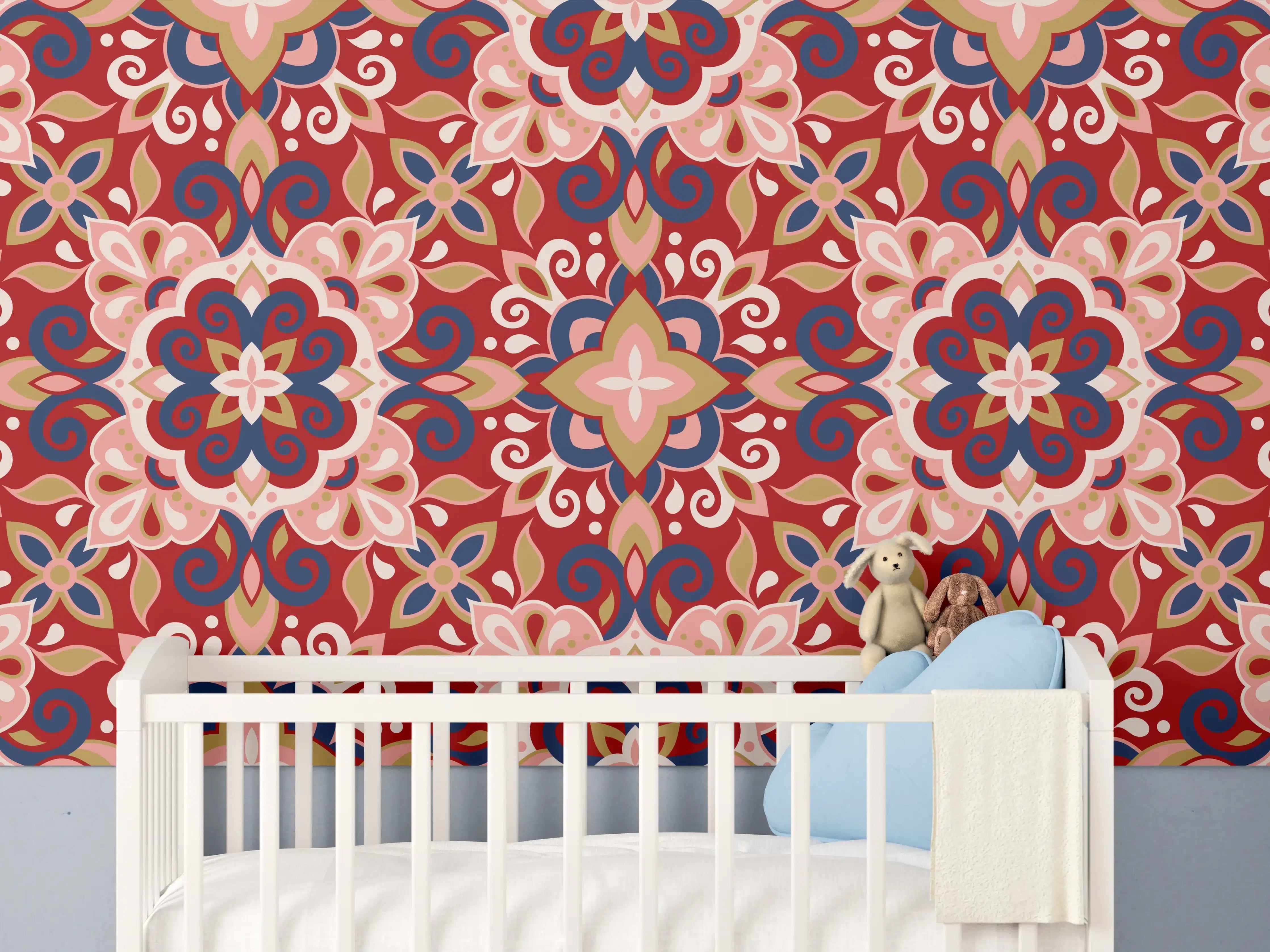 Babyzimmer Wandgestaltung - Orientalisches Rot-Blau Muster