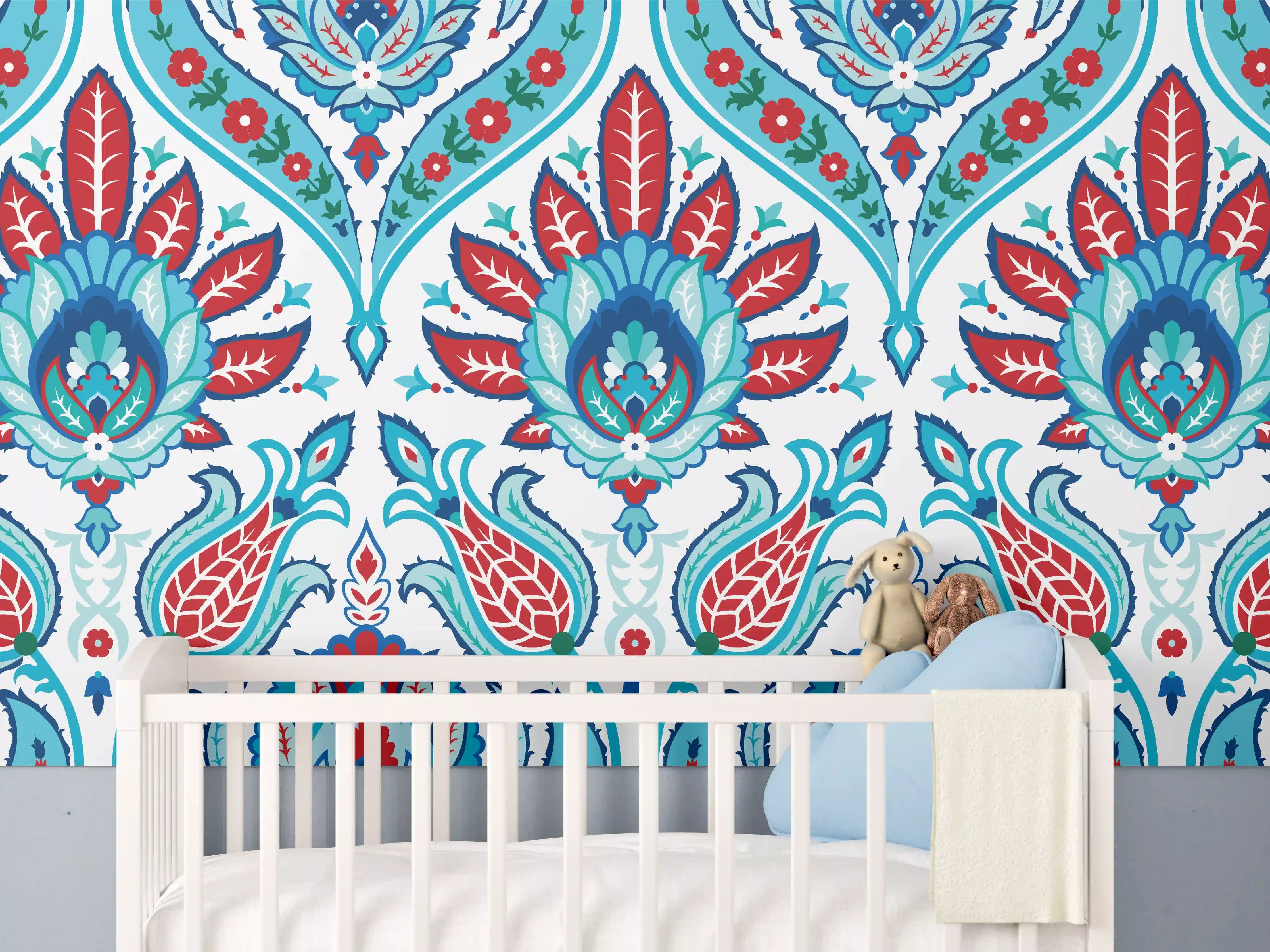 Babyzimmer Wandgestaltung - Orientalisches Türkis-Rot Druckmuster