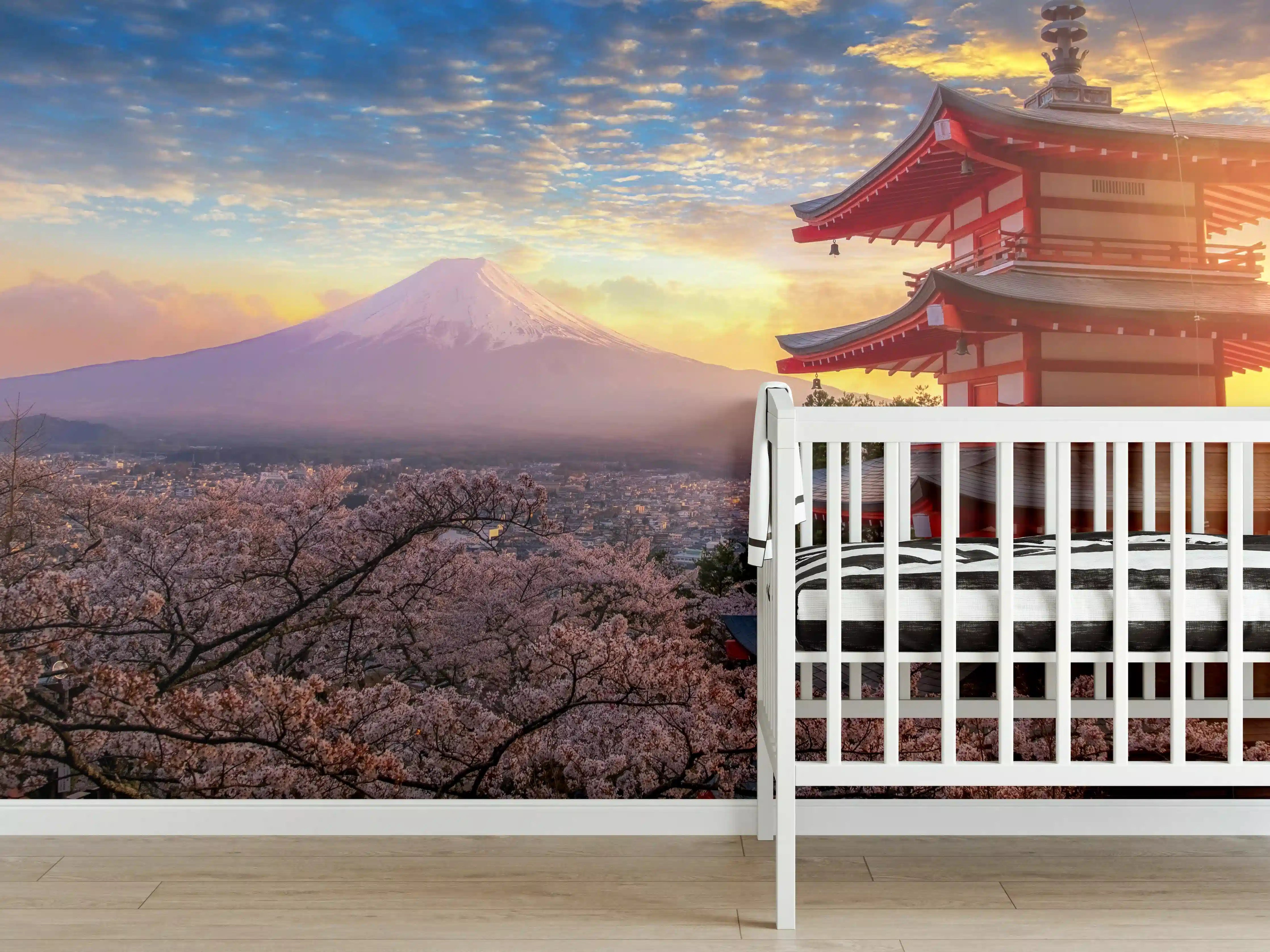 Babyzimmer Wandgestaltung - Panoramablick auf Fujiyoshida Sonnenuntergang