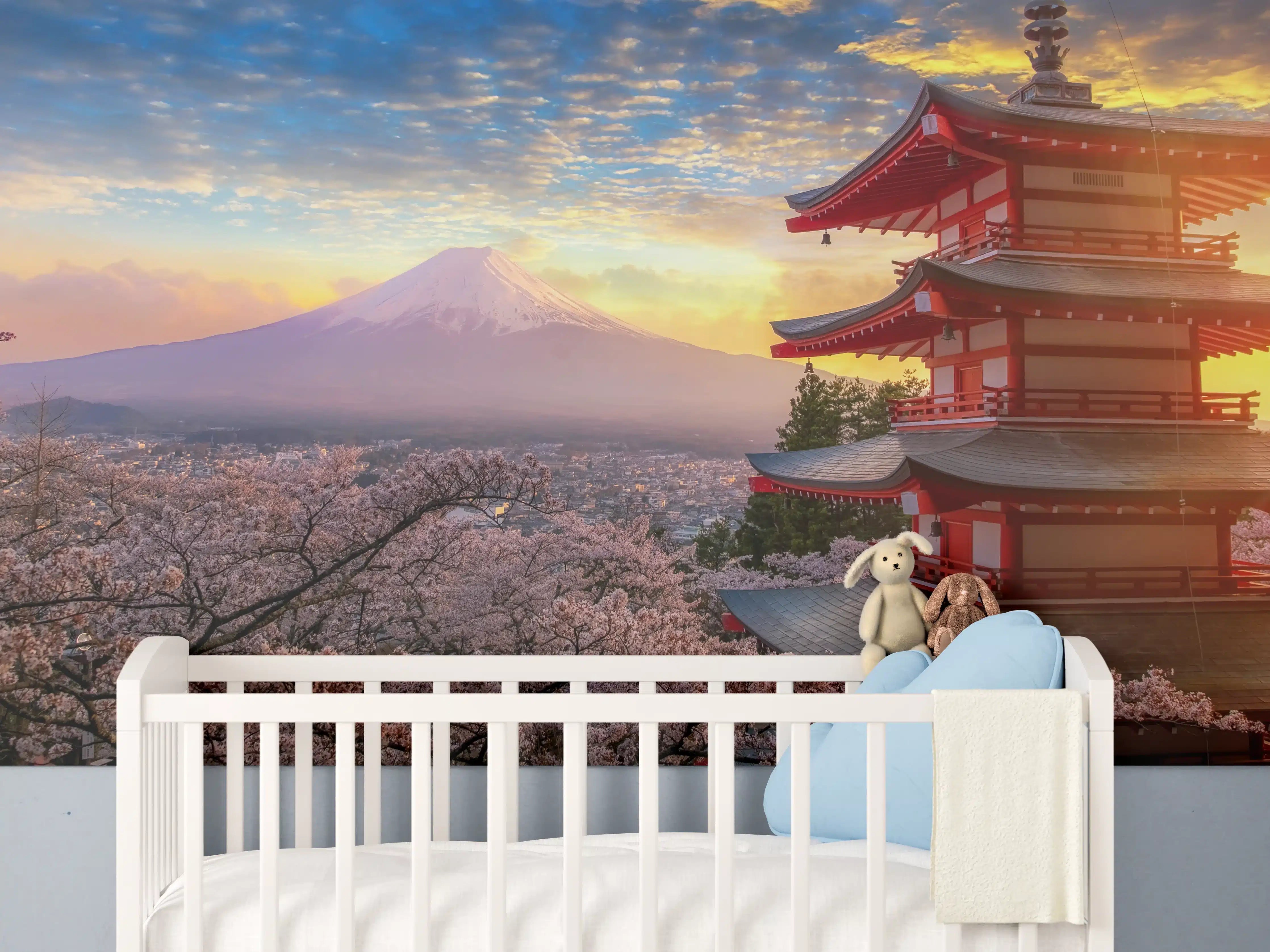Babyzimmer Wandgestaltung - Panoramablick auf Fujiyoshida Sonnenuntergang