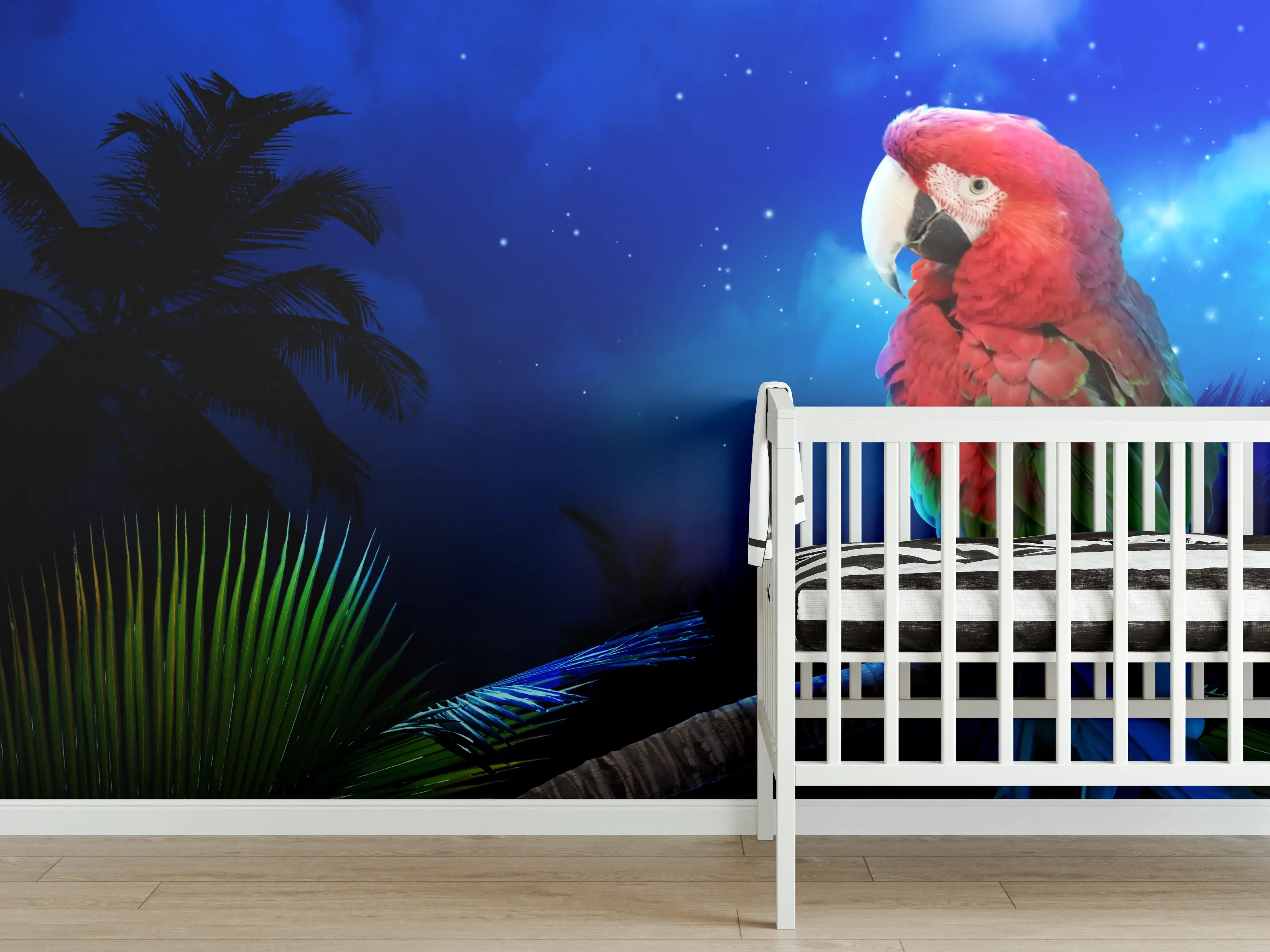 Babyzimmer Wandgestaltung - Papagei nachts am Strand