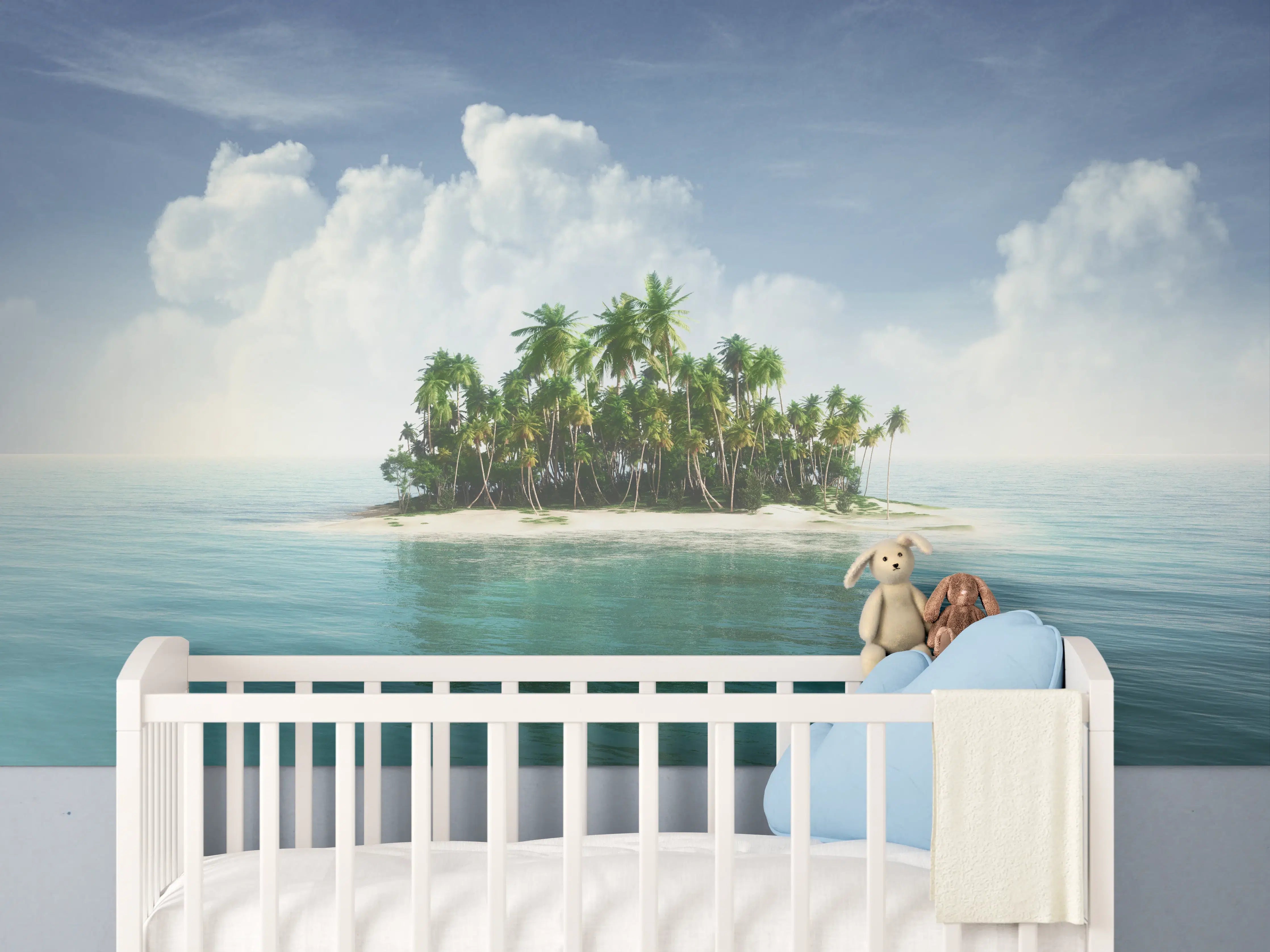 Babyzimmer Wandgestaltung - Paradiesinsel mit Palmen und blauen Himmel