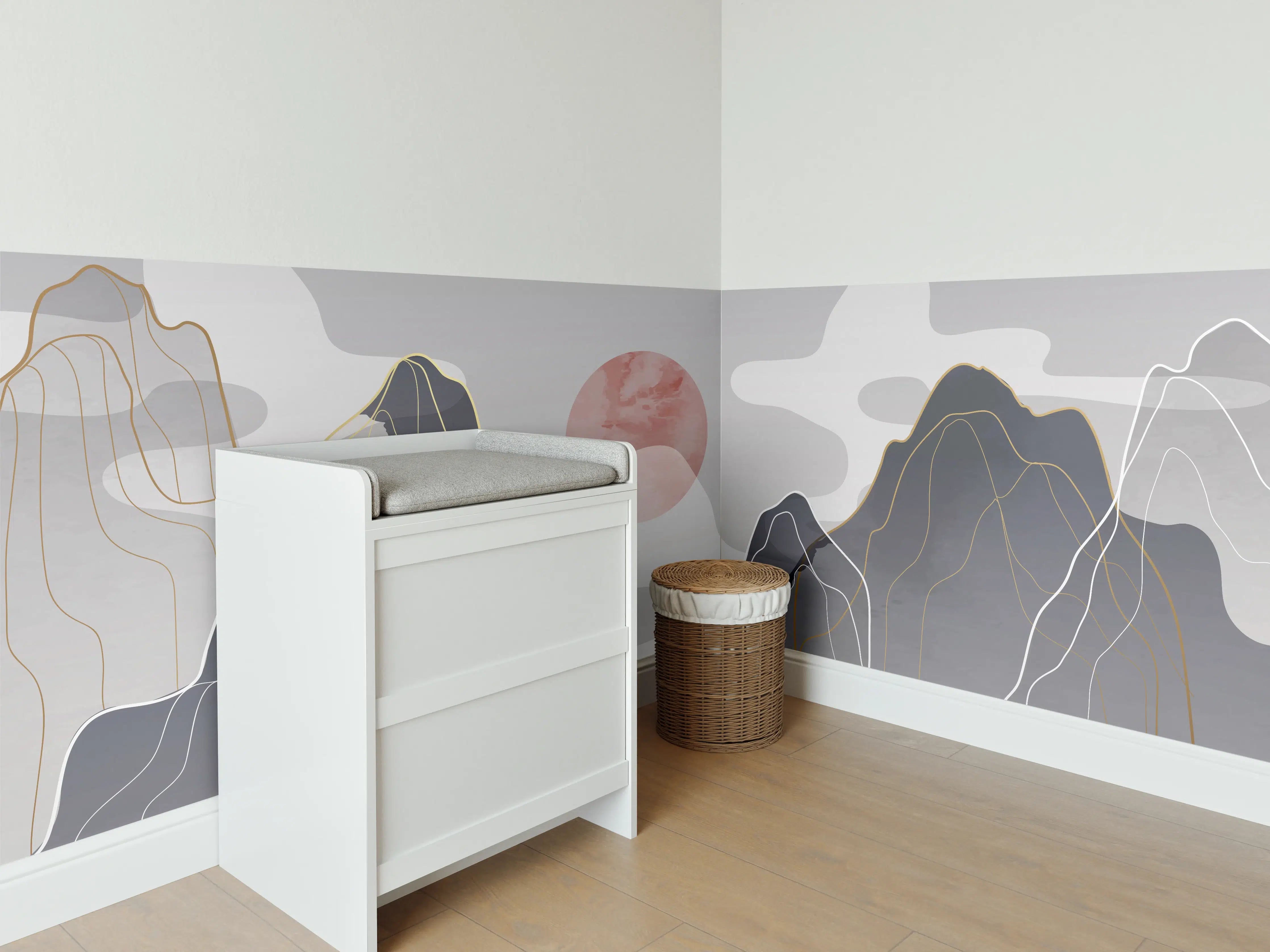 Babyzimmer Wandgestaltung - Pastell Berge Abendsonne