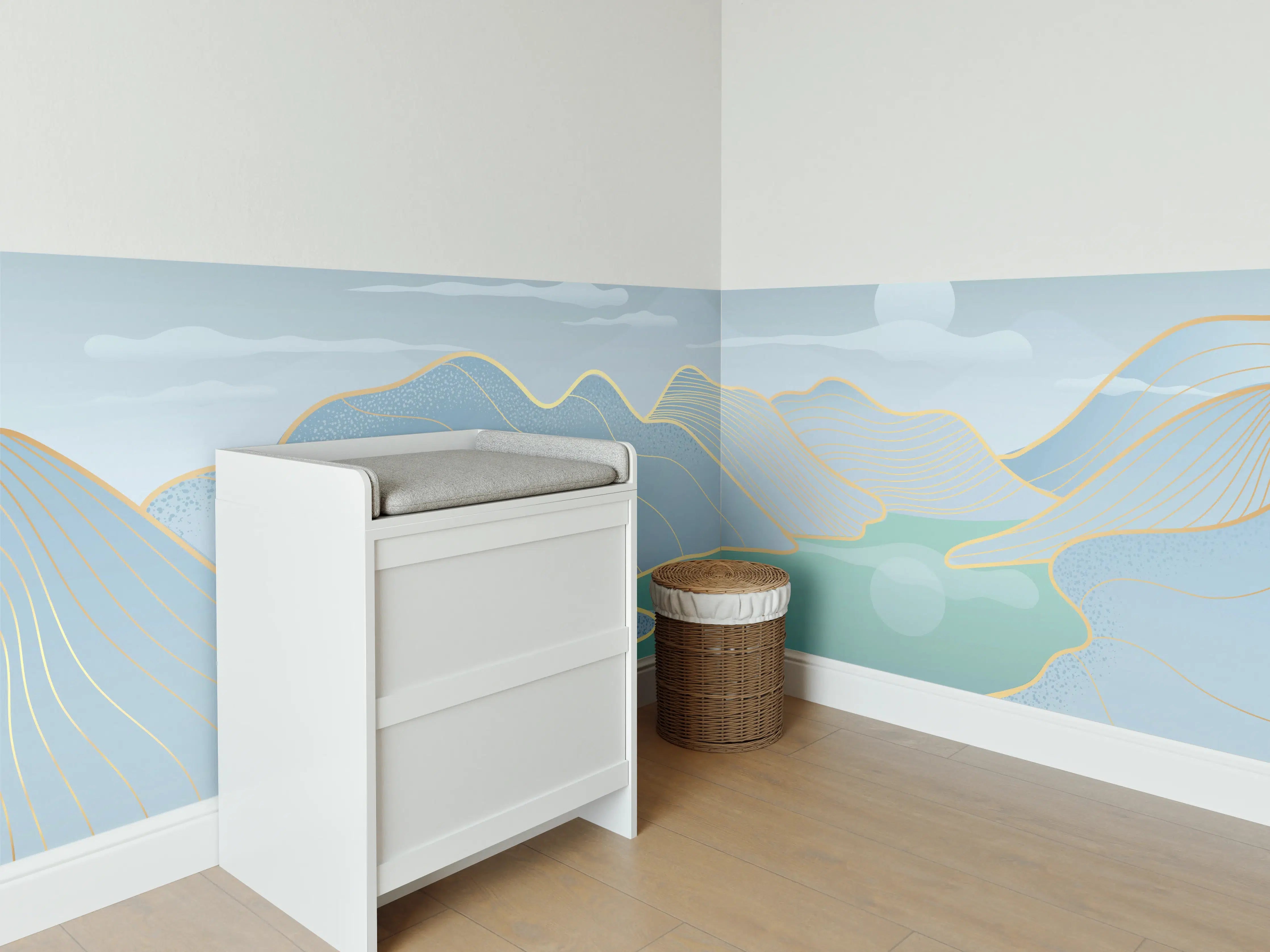 Babyzimmer Wandgestaltung - Pastell Berge und See Panorama