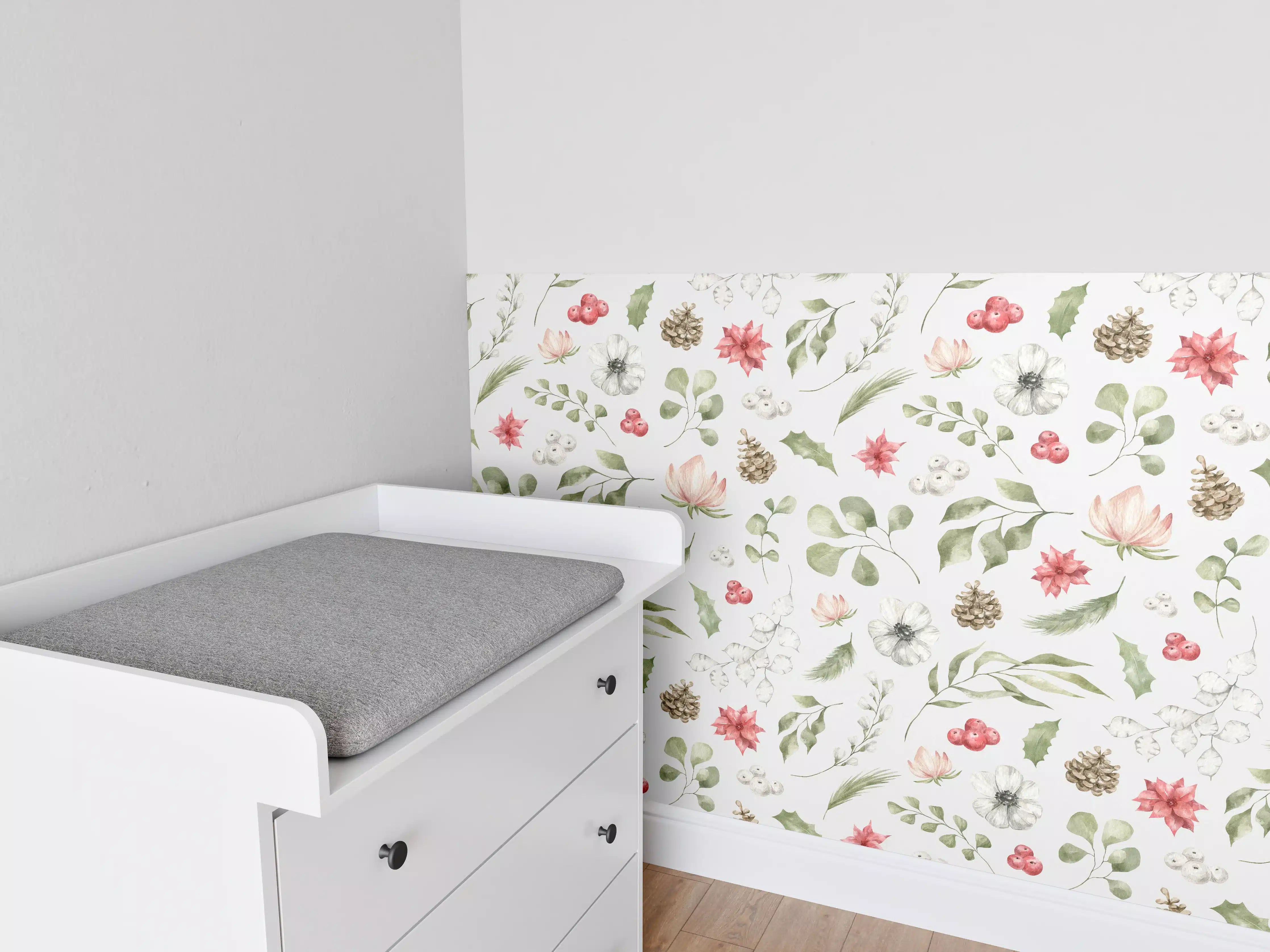Babyzimmer Wandgestaltung - Pastell Blumenmuster Weiß-Grün-Rosa