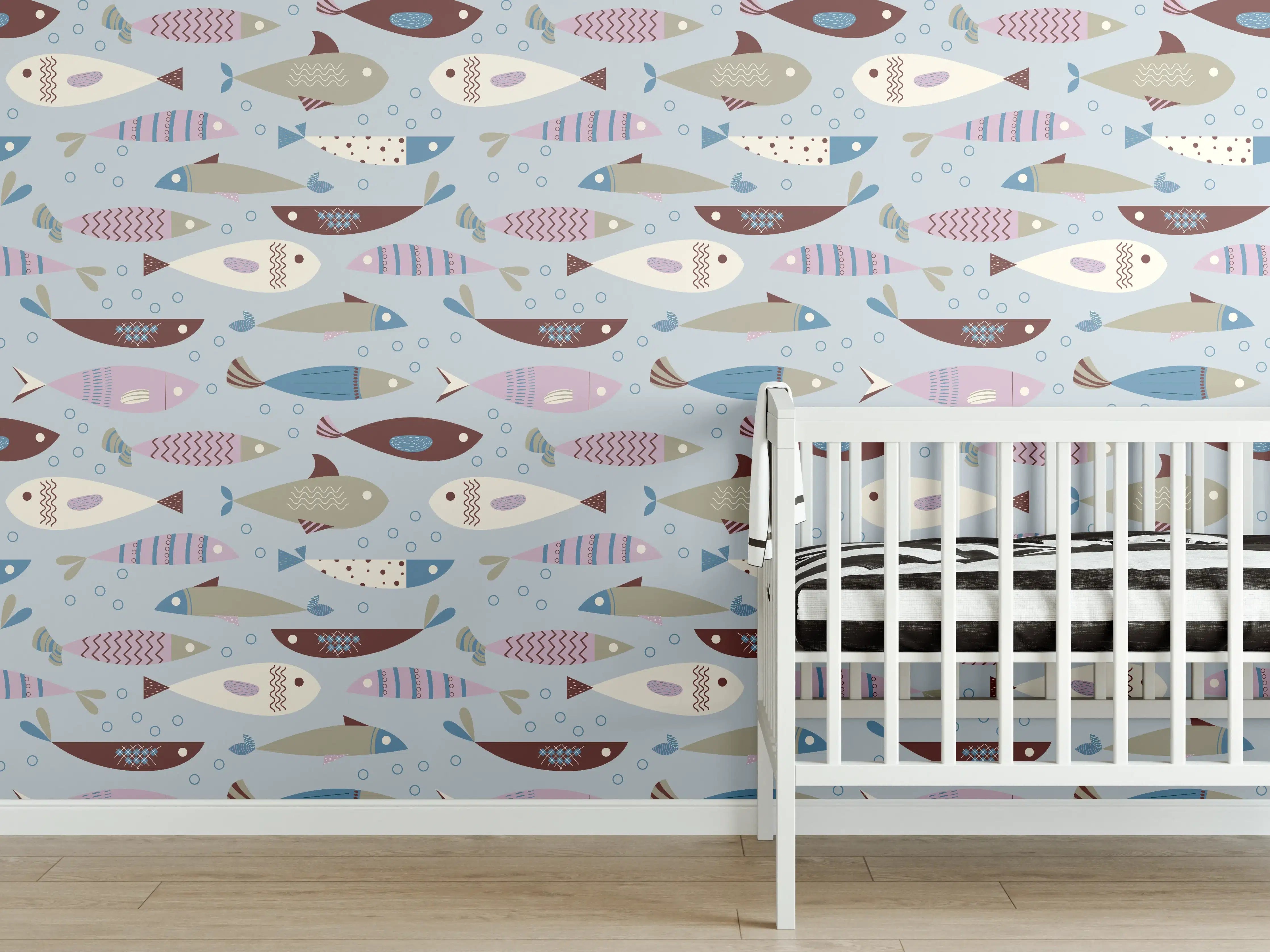 Babyzimmer Wandgestaltung - Pastell-Fischmuster Blau Beige