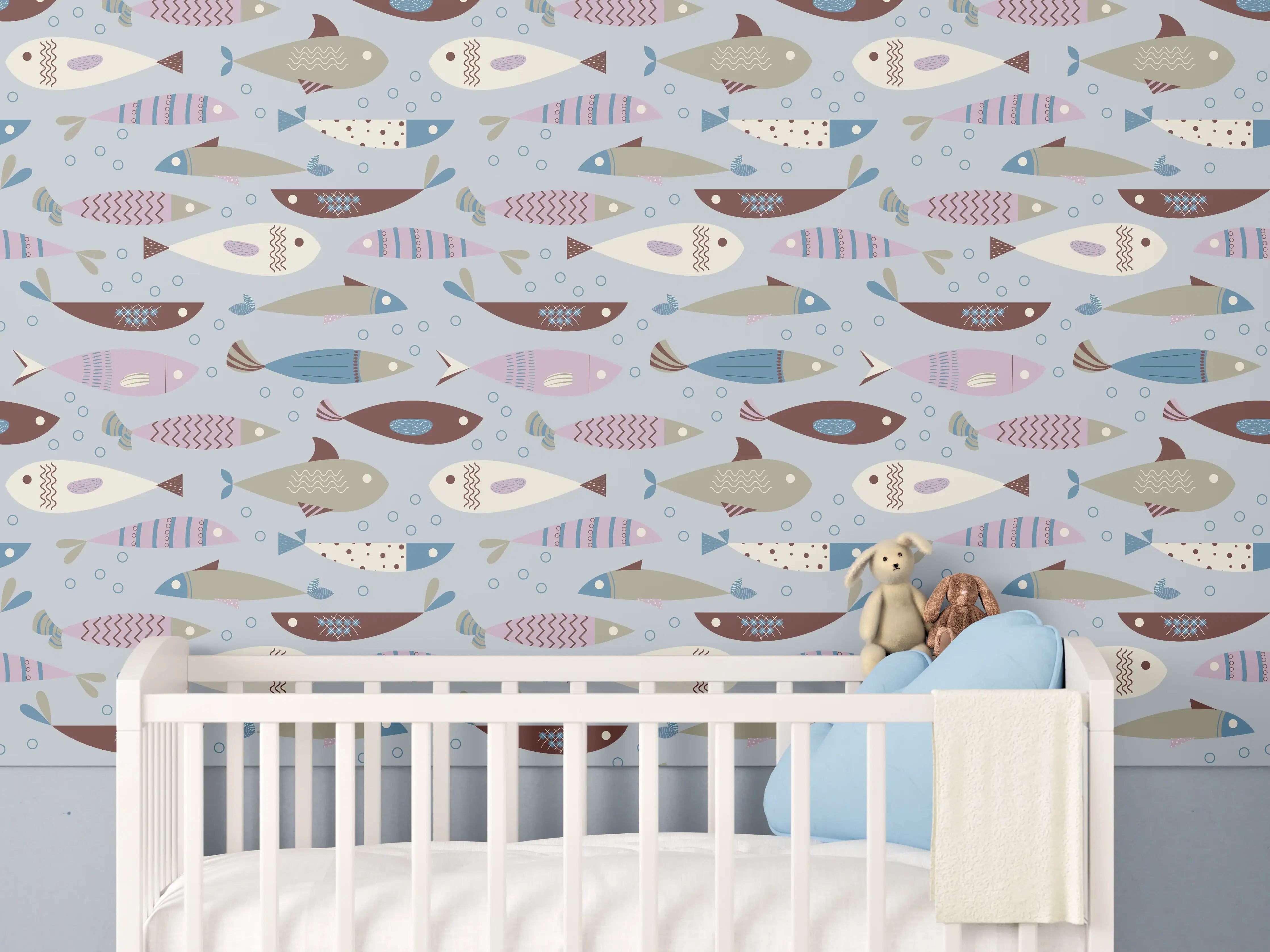 Babyzimmer Wandgestaltung - Pastell-Fischmuster Blau Beige