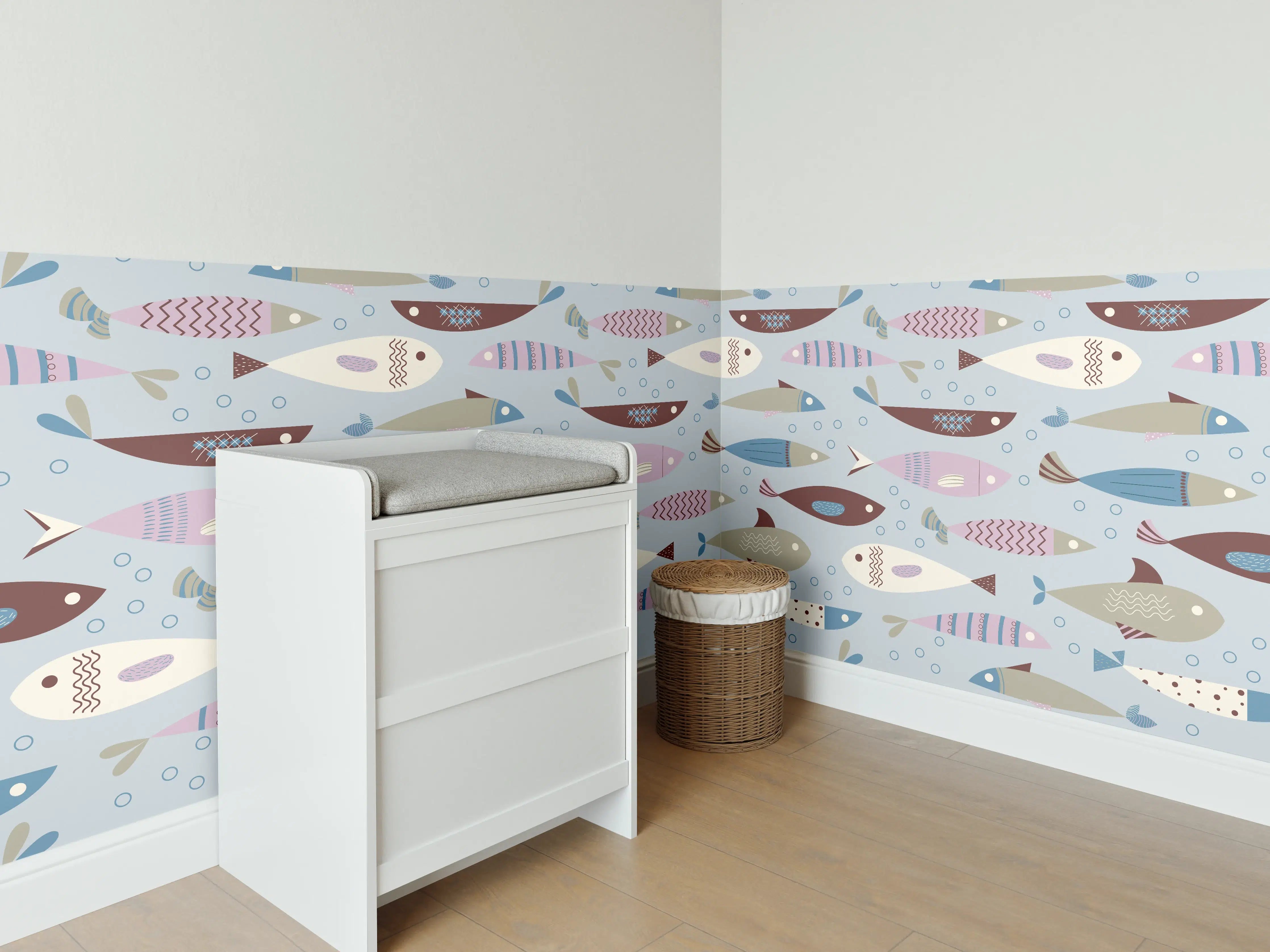 Babyzimmer Wandgestaltung - Pastell-Fischmuster Blau Beige