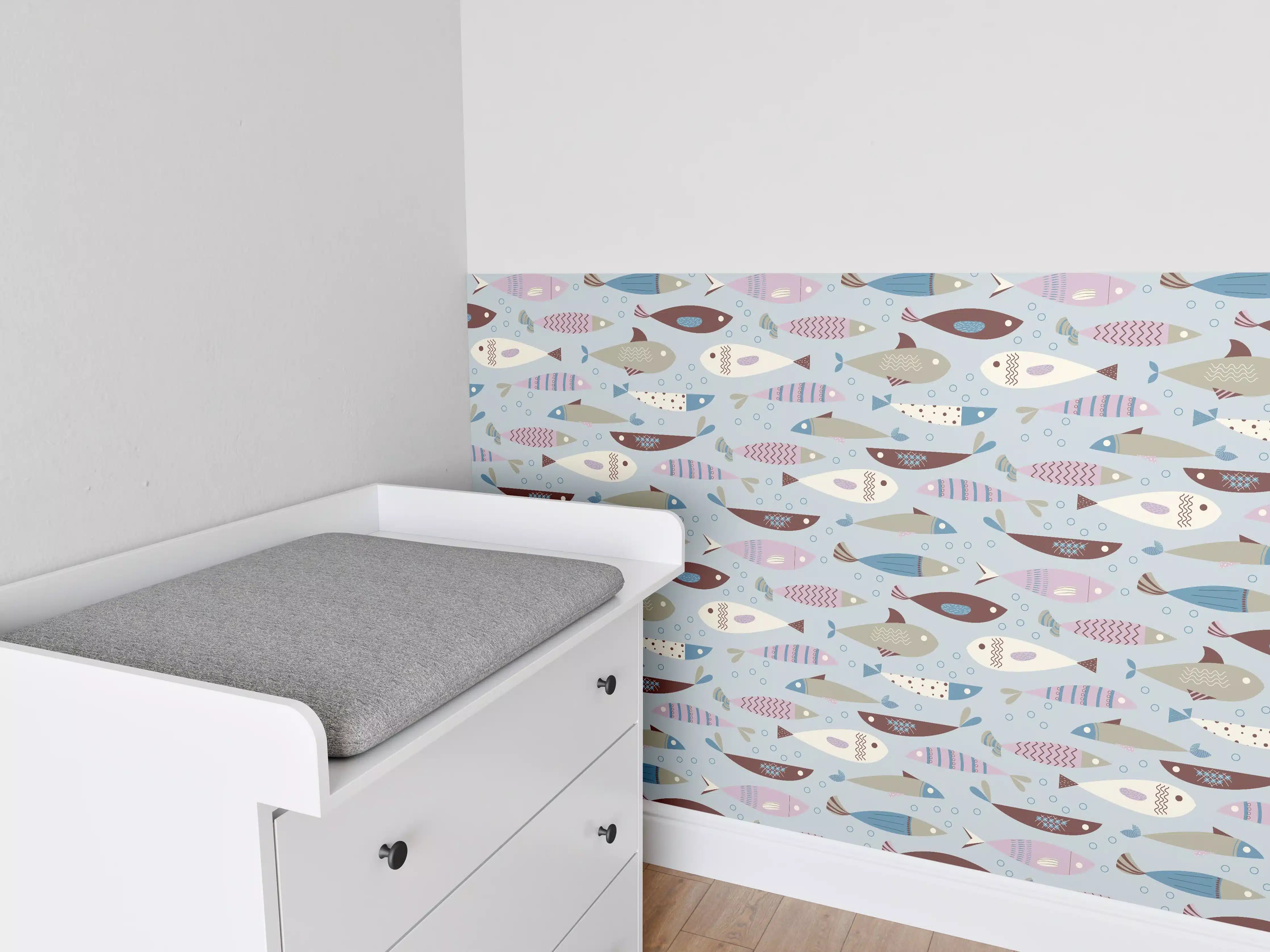 Babyzimmer Wandgestaltung - Pastell-Fischmuster Blau Beige