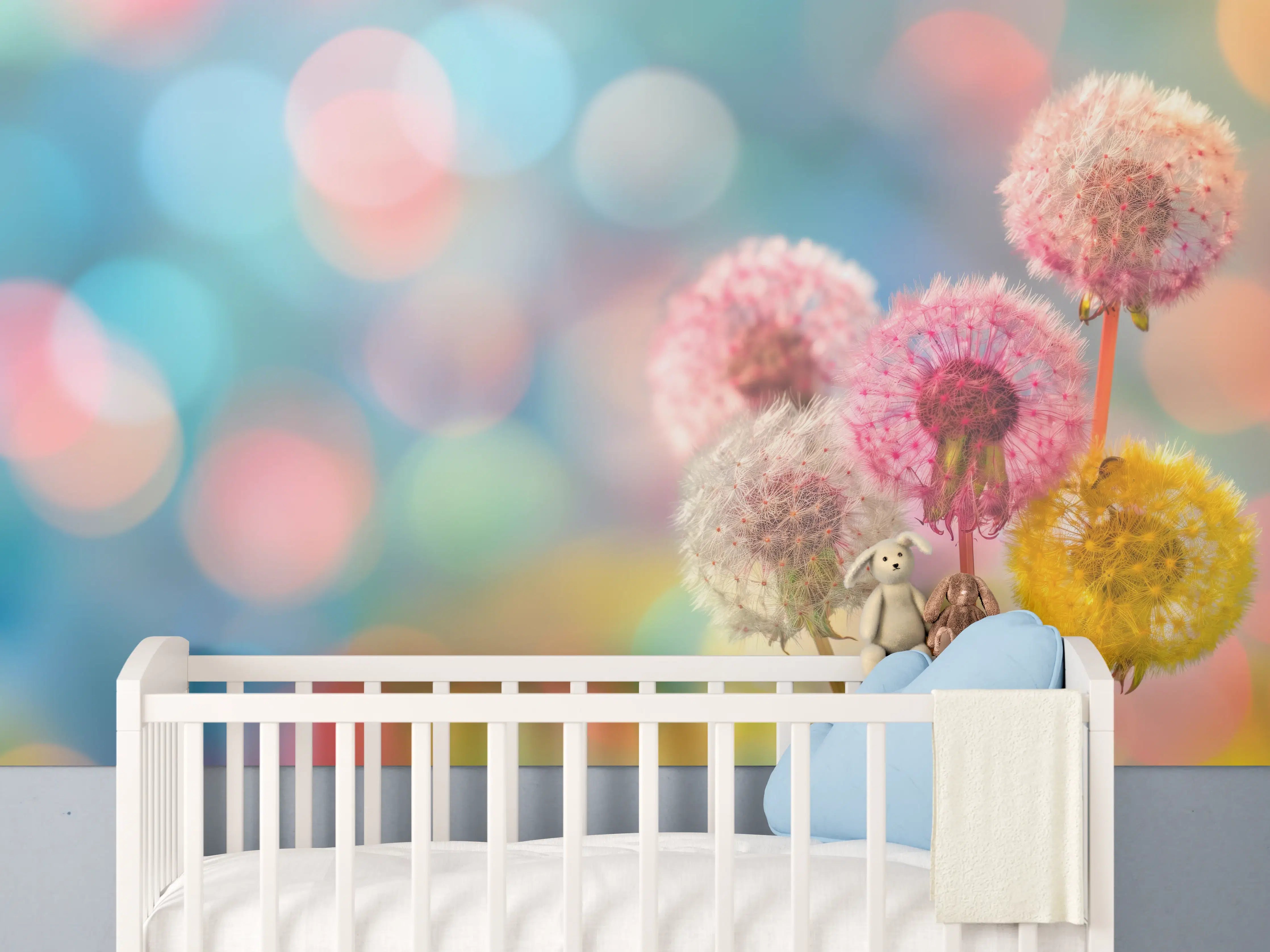 Babyzimmer Wandgestaltung - Pastell-Pusteblumen im Bokeh