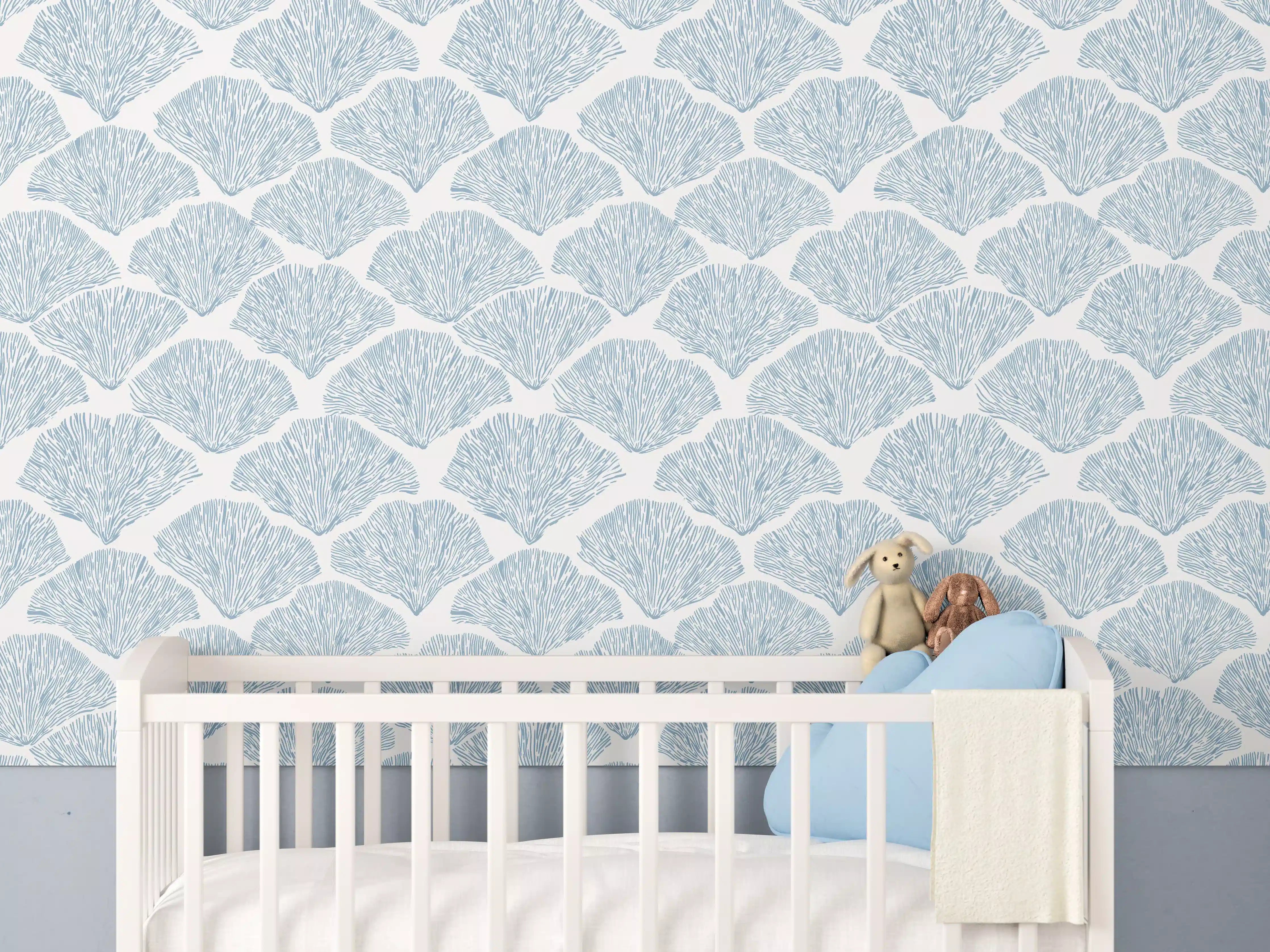 Babyzimmer Wandgestaltung - Pastellblaues Korallenfächer-Muster