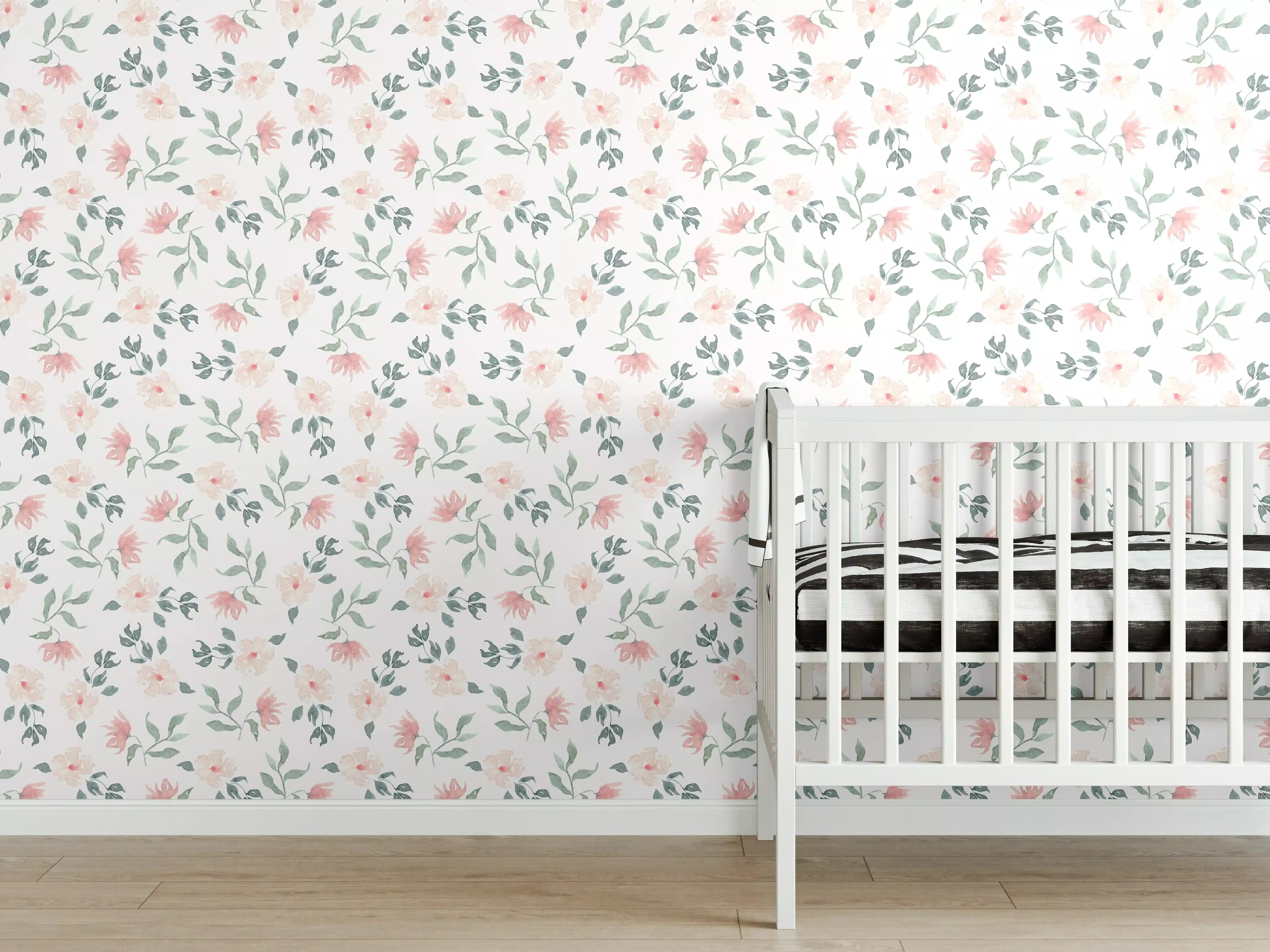 Babyzimmer Wandgestaltung - Pastellblumen mit Grauakzenten