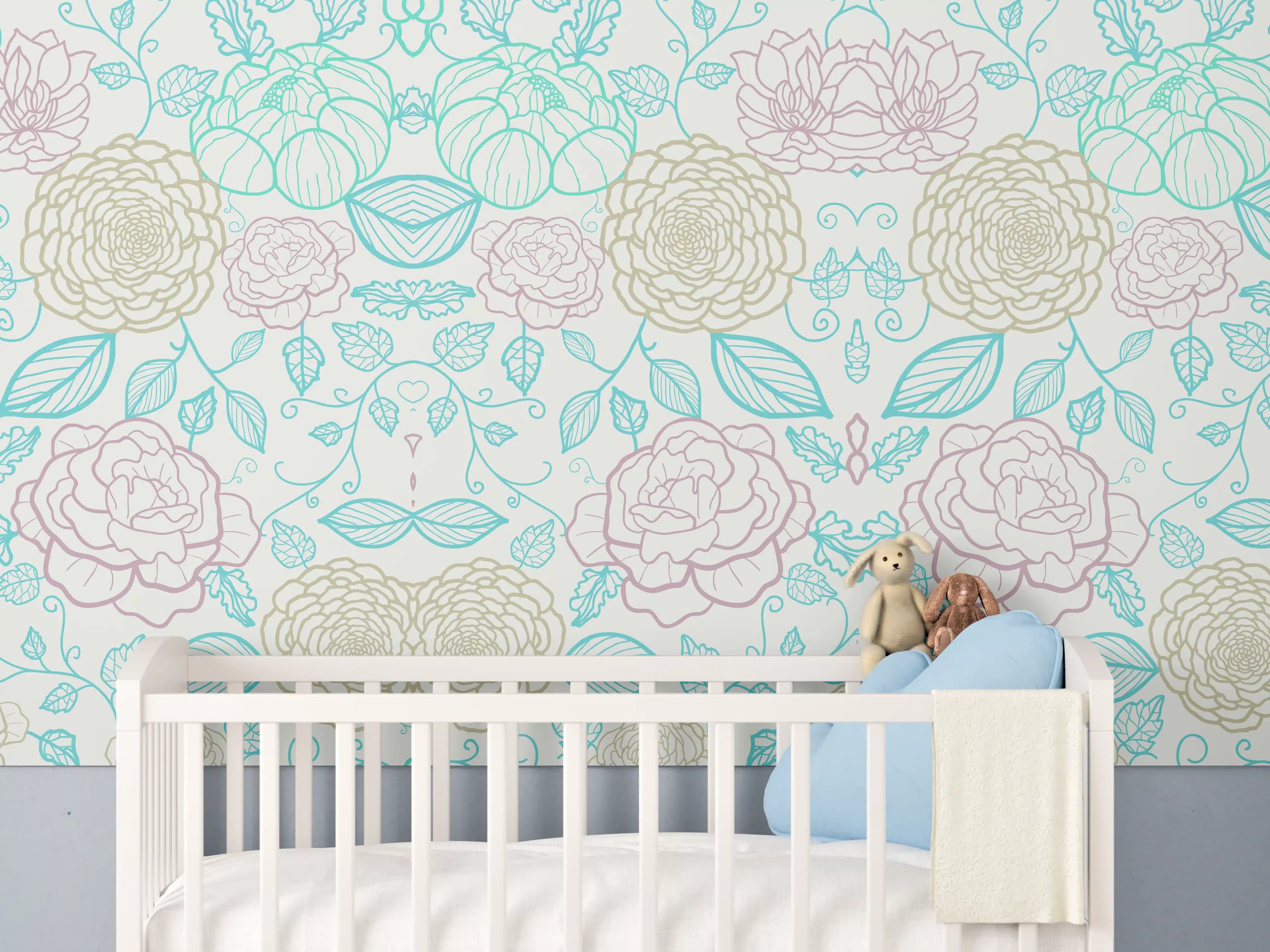 Babyzimmer Wandgestaltung - Pastellblumenmuster in Hellblau und Beige