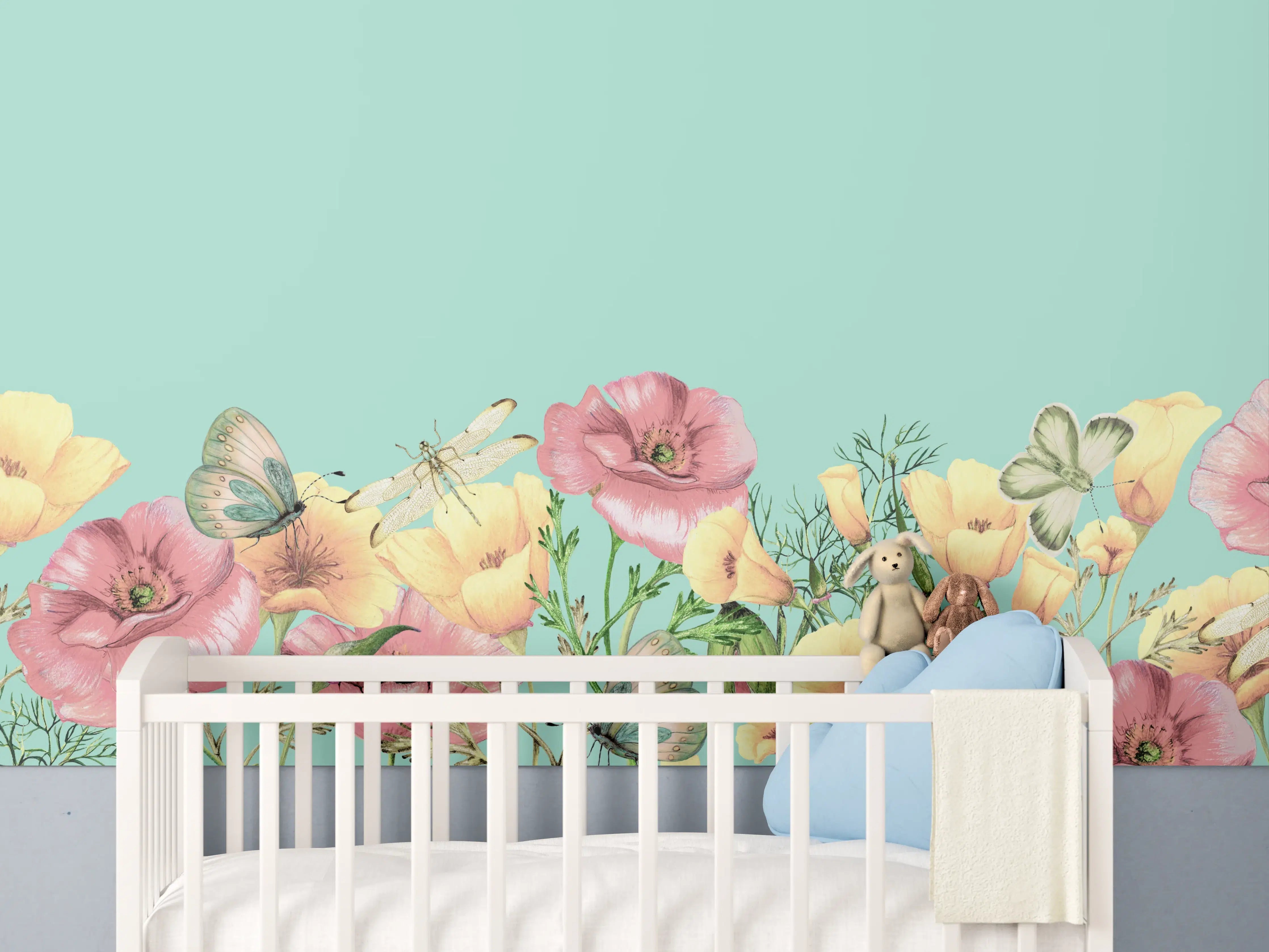 Babyzimmer Wandgestaltung - Pastellfarbene Blumen und Schmetterlinge