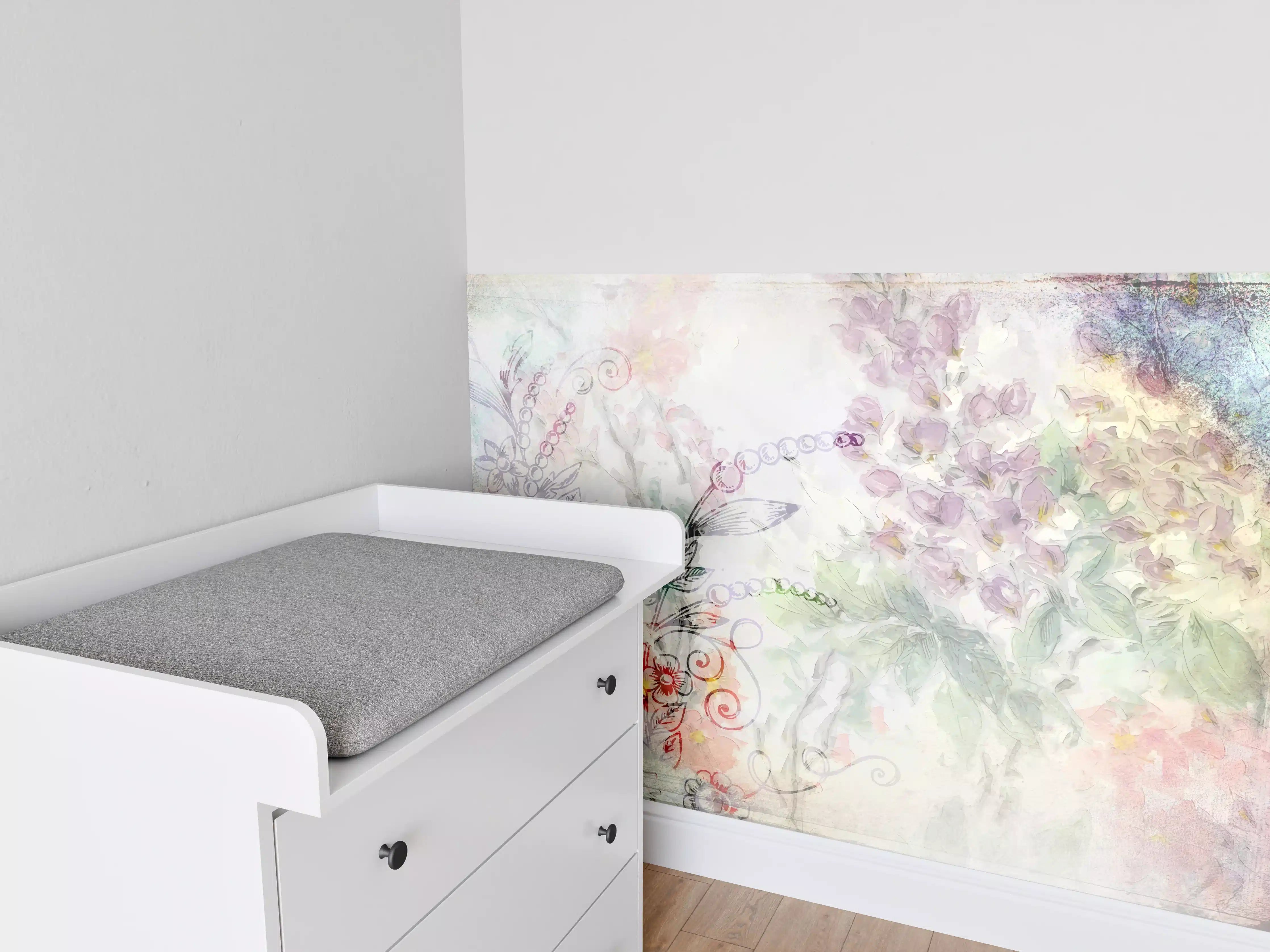Babyzimmer Wandgestaltung - Pastellfarbene Blumenillustration