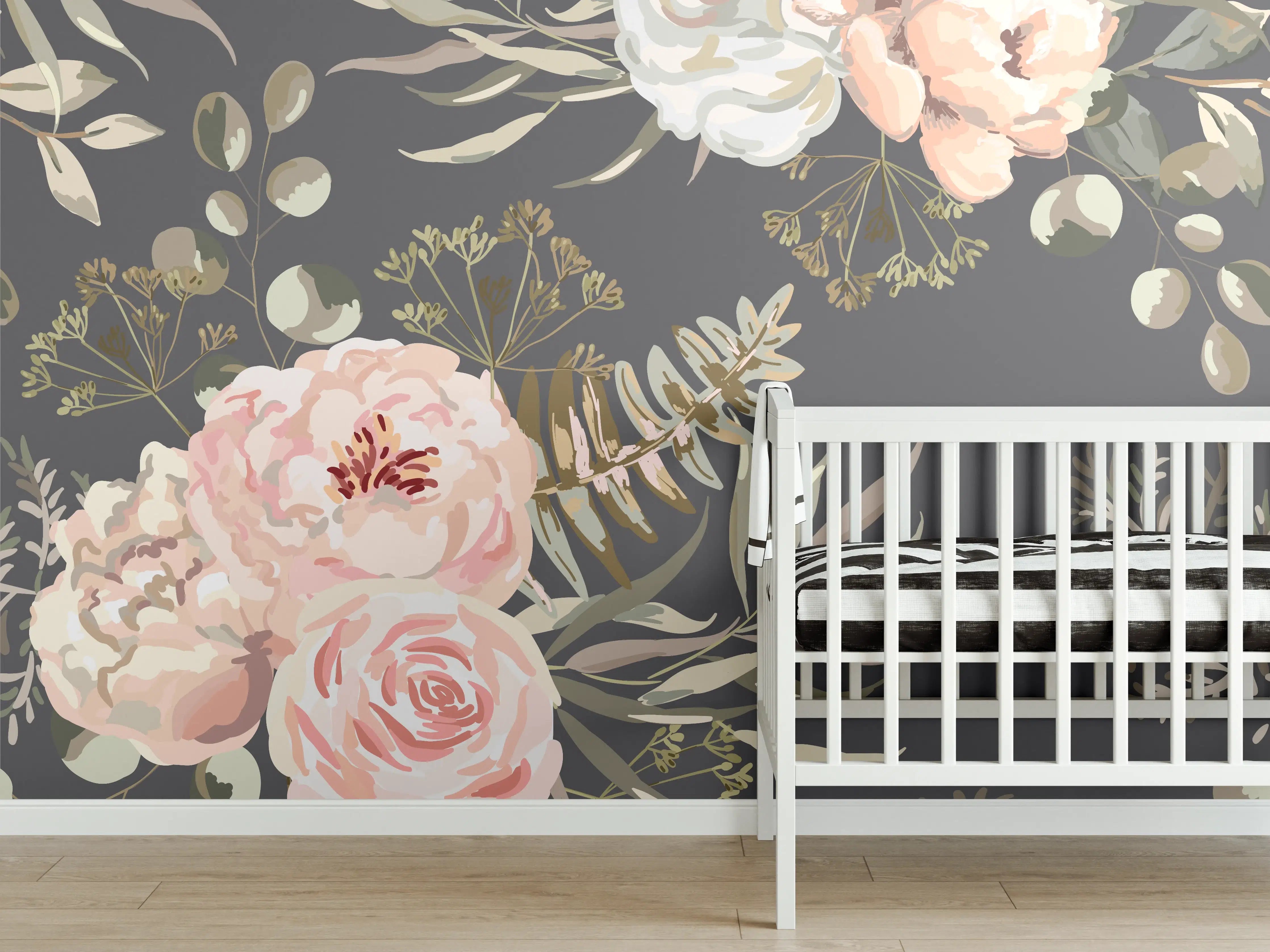 Babyzimmer Wandgestaltung - Pastellfarbene Blumenillustration mit zarten Grautönen