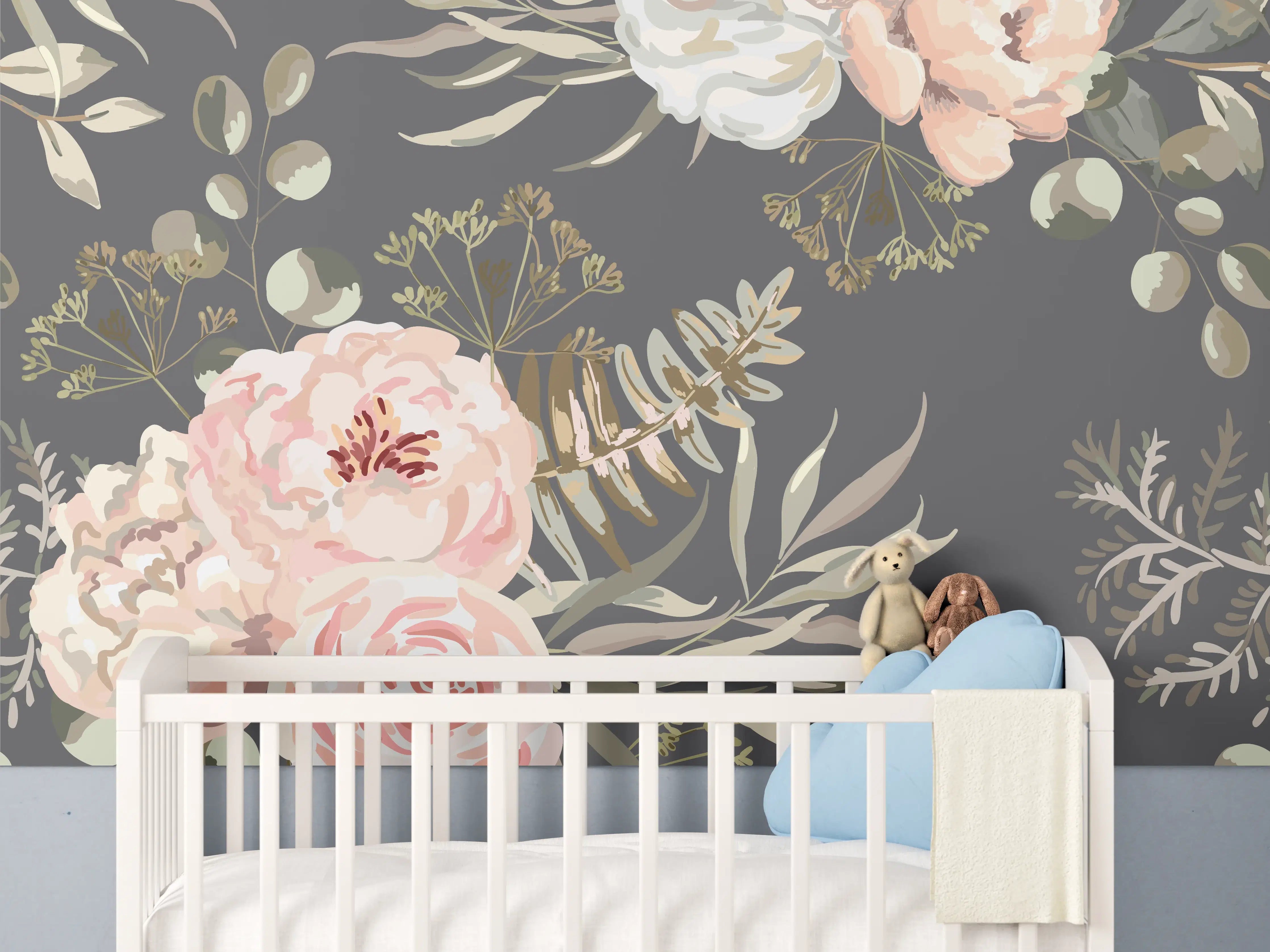 Babyzimmer Wandgestaltung - Pastellfarbene Blumenillustration mit zarten Grautönen