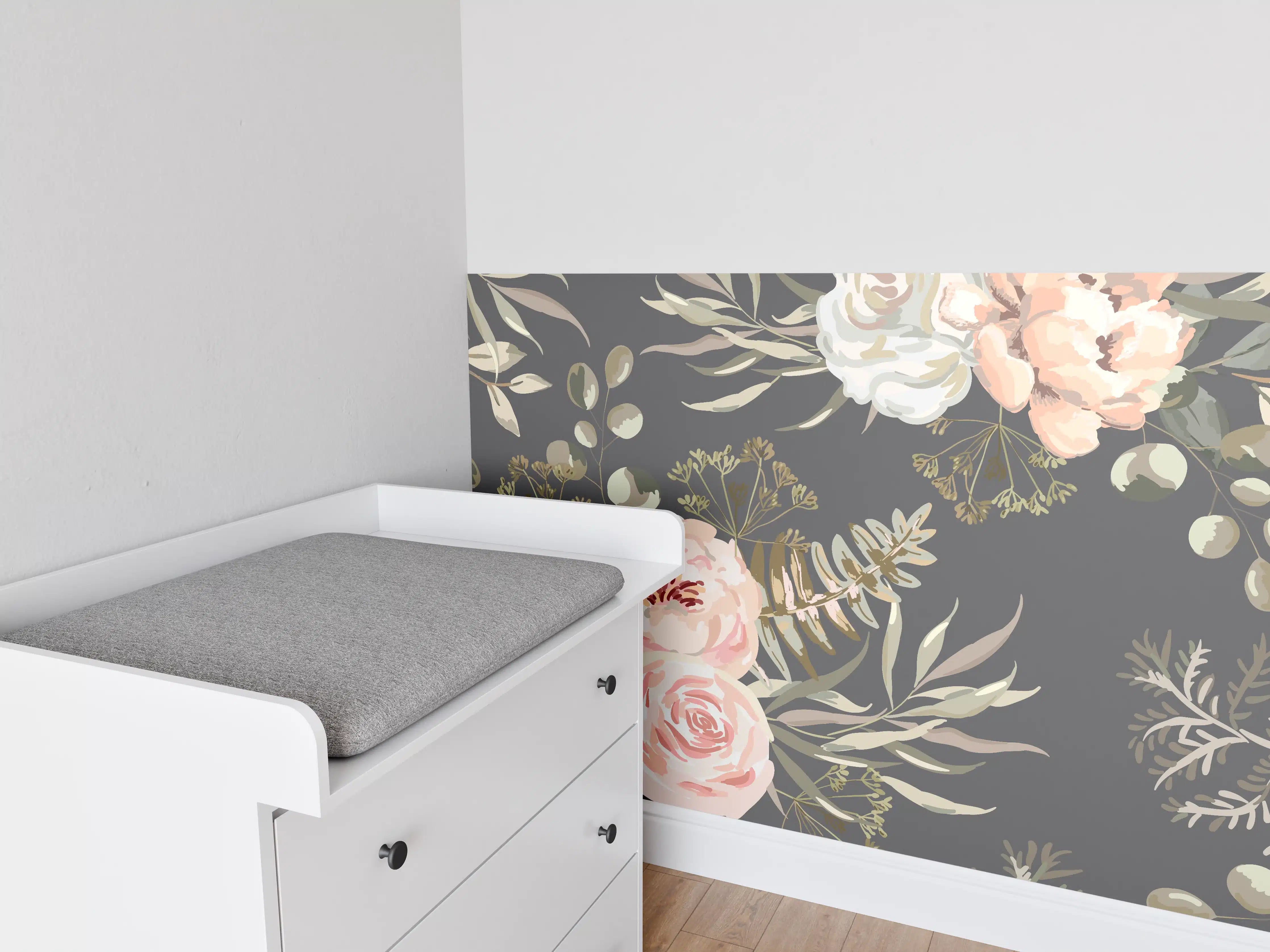Babyzimmer Wandgestaltung - Pastellfarbene Blumenillustration mit zarten Grautönen
